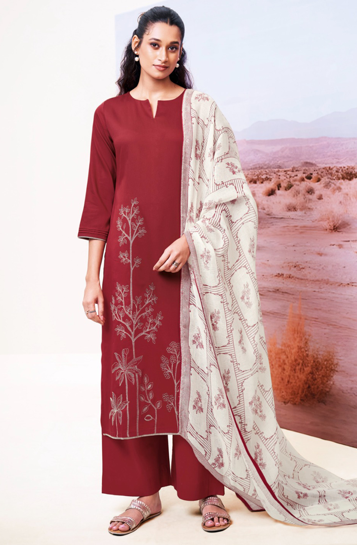 Mehroon Cotton Suit Set with Printed Dupatta- ISHS3550C