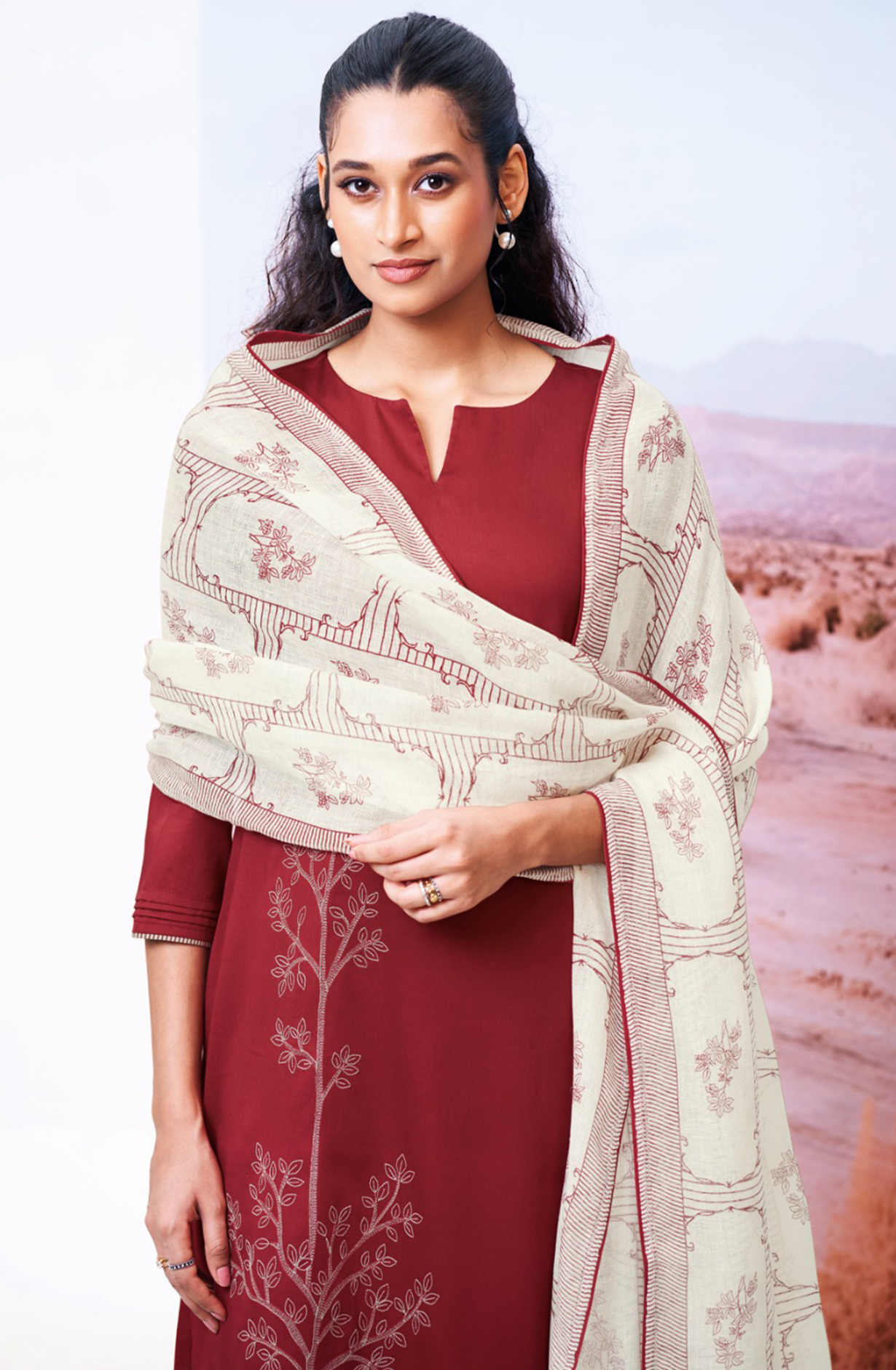 Mehroon Cotton Suit Set with Printed Dupatta- ISHS3550C