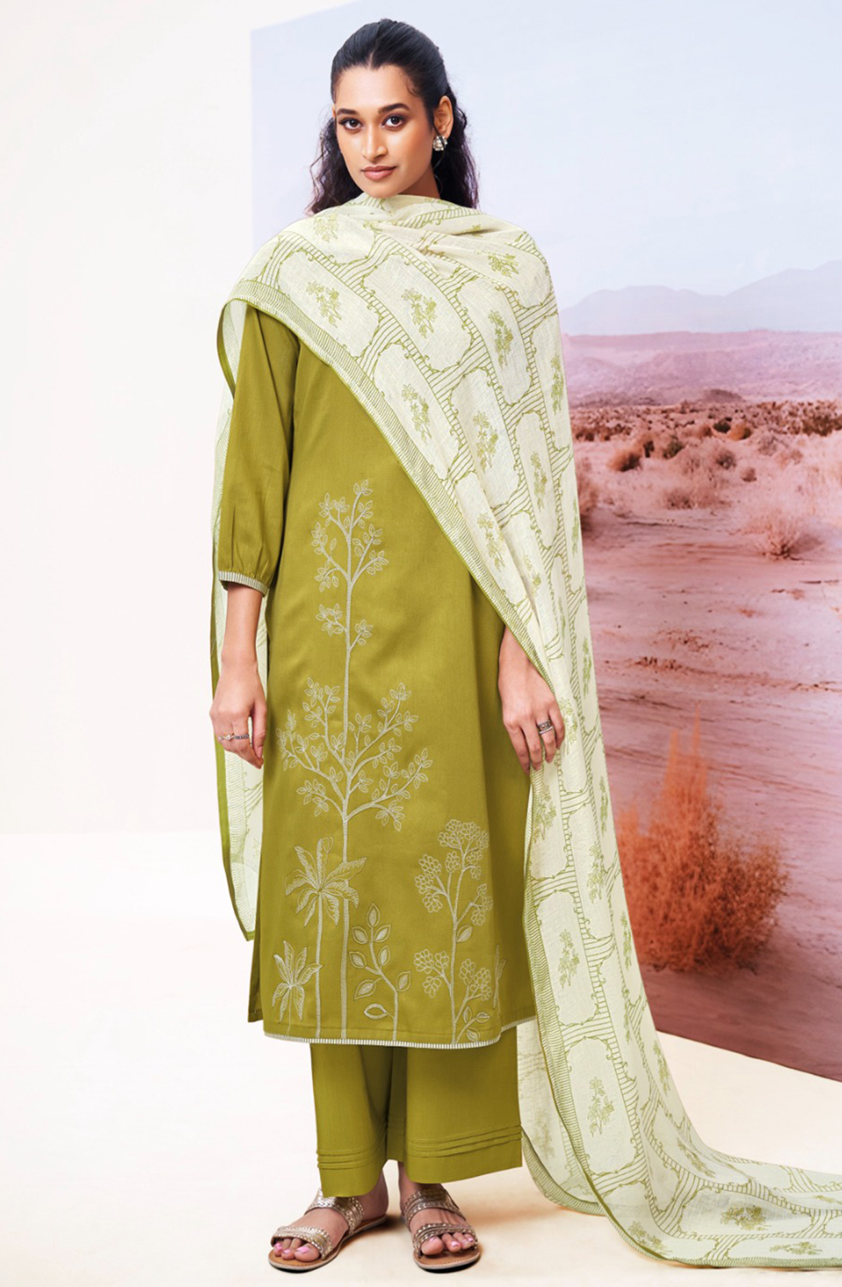 Mehndi Cotton Suit Set with Printed Dupatta- ISHS3550D