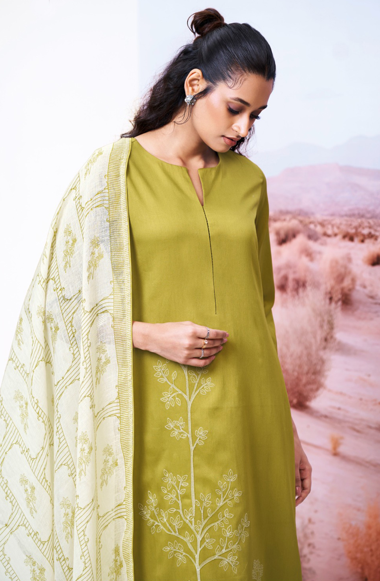 Mehndi Cotton Suit Set with Printed Dupatta- ISHS3550D