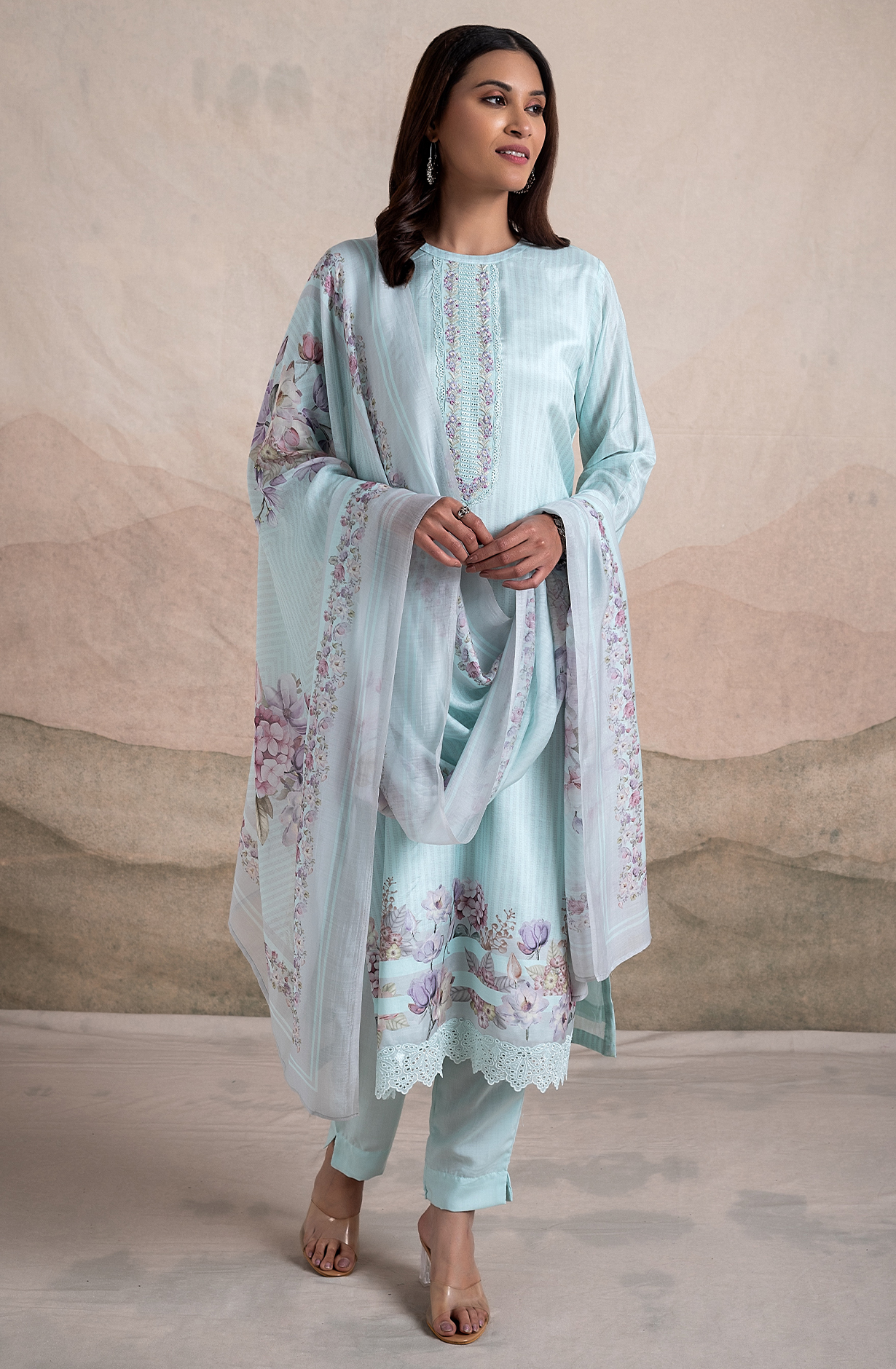 Turquoise Exclusive Beautiful Pure Muslin Unstitched Salwar Suit Dupatta - ITH2257A