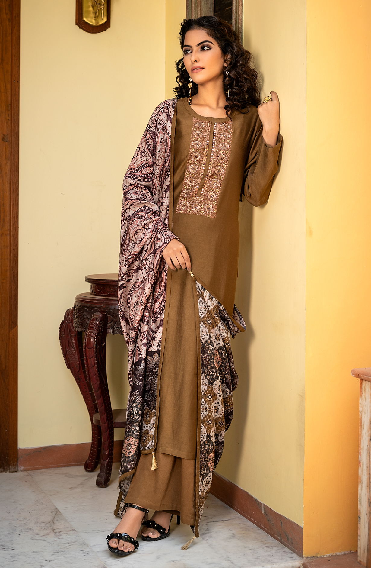 Brown Pure Pashmina Unstitched Salwar Suit with Dupatta - ITM5717
