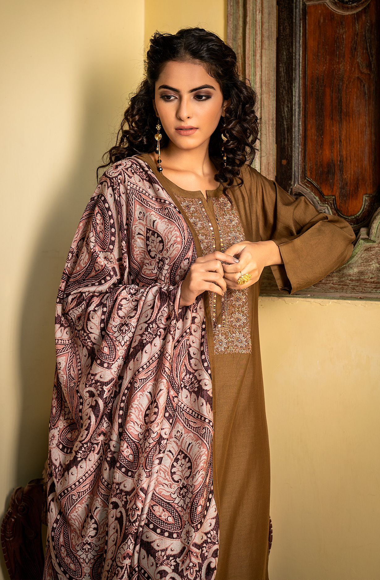 Brown Pure Pashmina Unstitched Salwar Suit with Dupatta - ITM5717