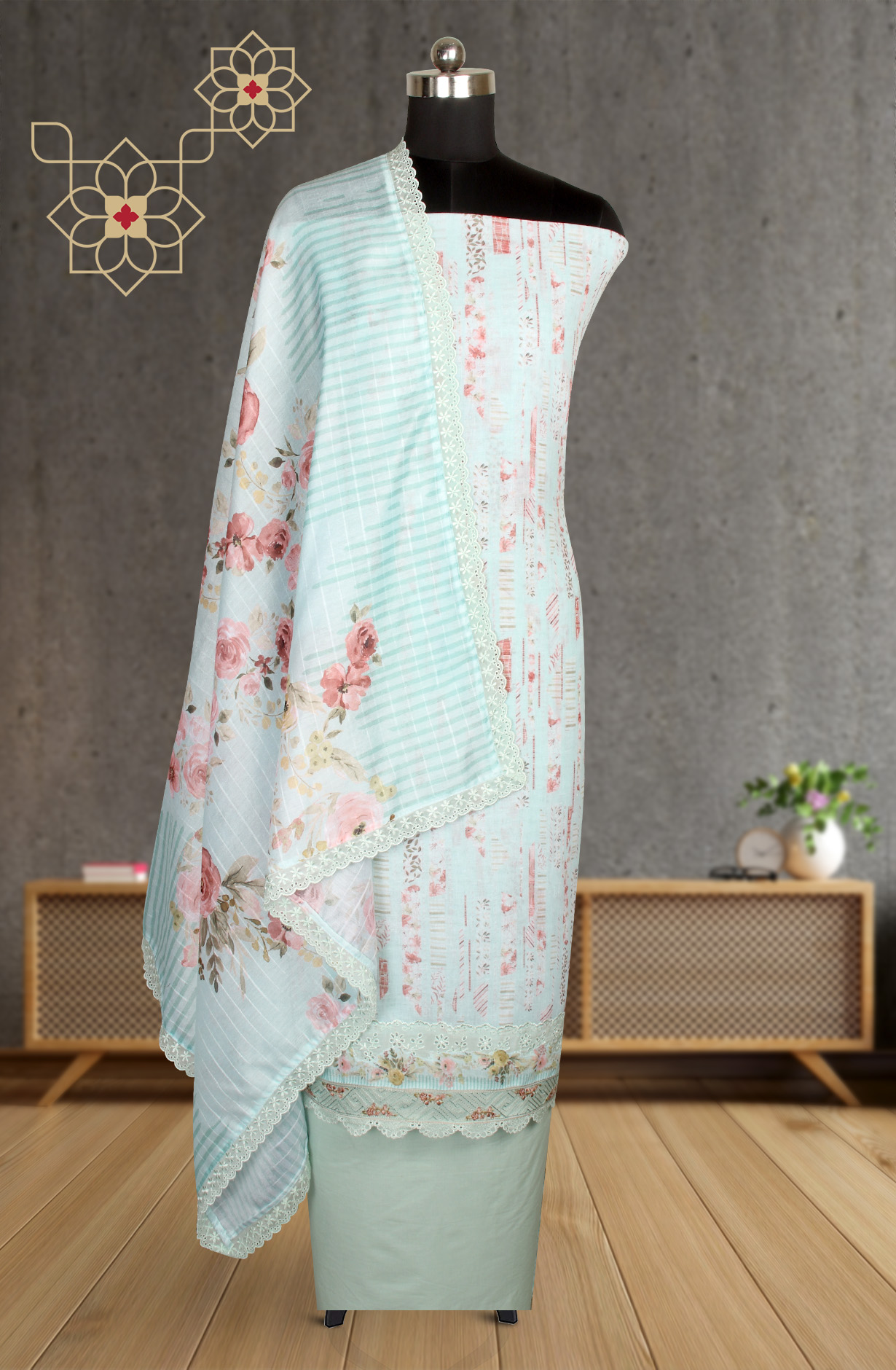 Sea Green Linen Exclusive Digital Print Suit-sets - IVO1795A