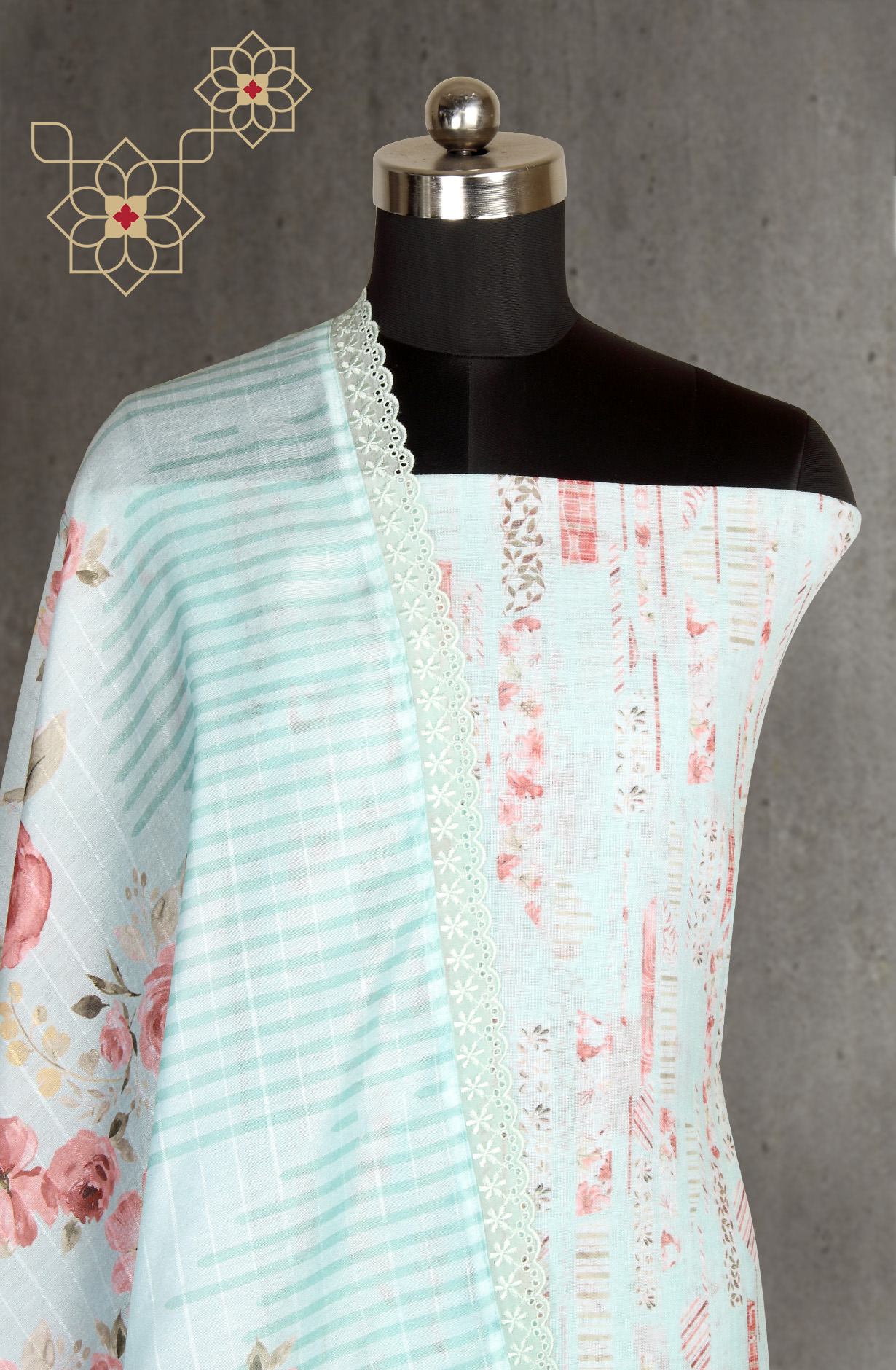 Sea Green Linen Exclusive Digital Print Suit-sets - IVO1795A