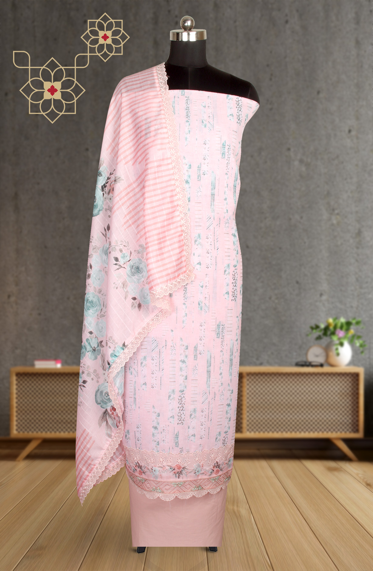 Pink Linen Exclusive Digital Print Suit-sets - IVO1795B