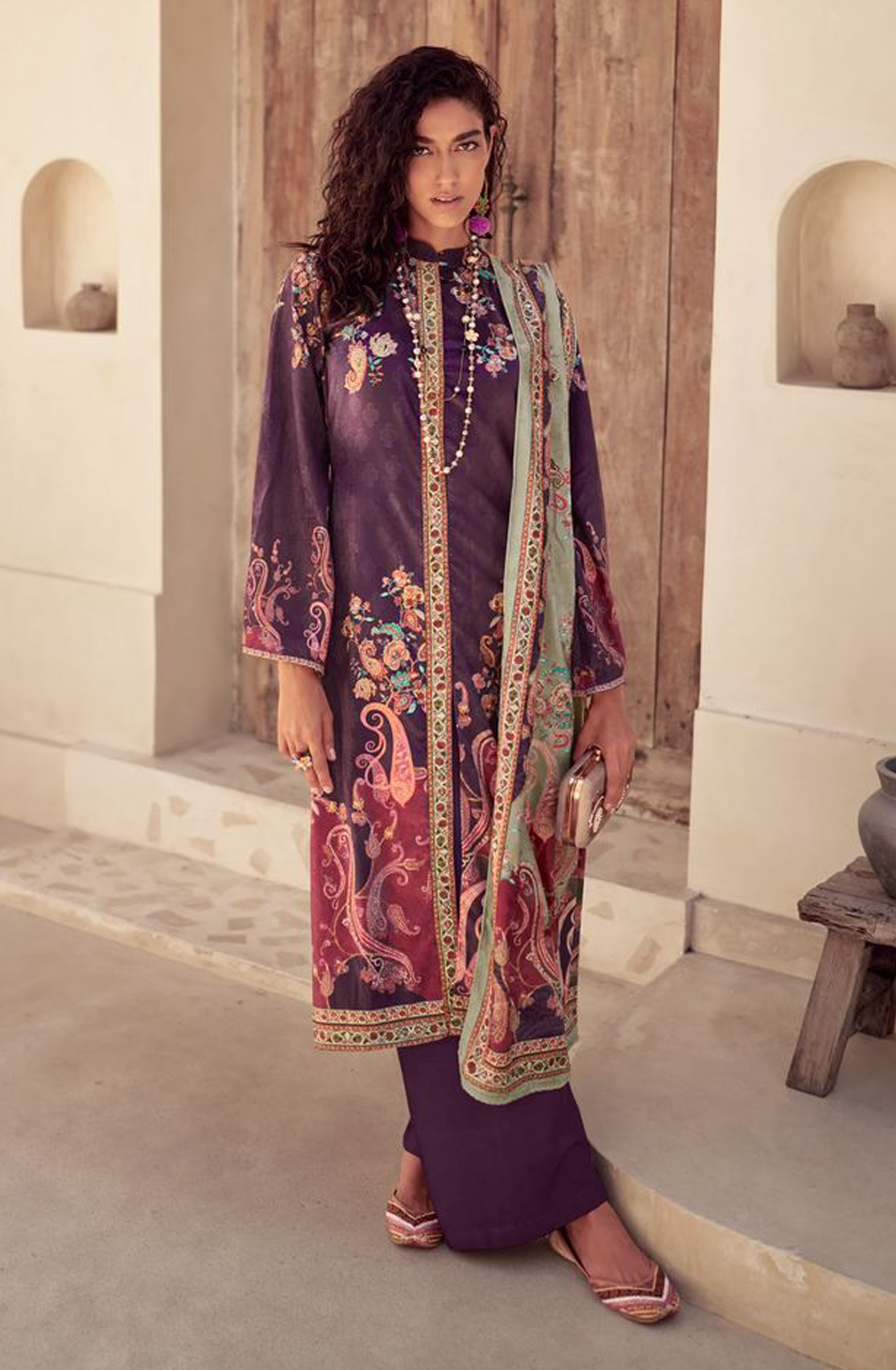 Purple Beautiful Velvet Unstitched Printed Salwar Kameez - IZH42001