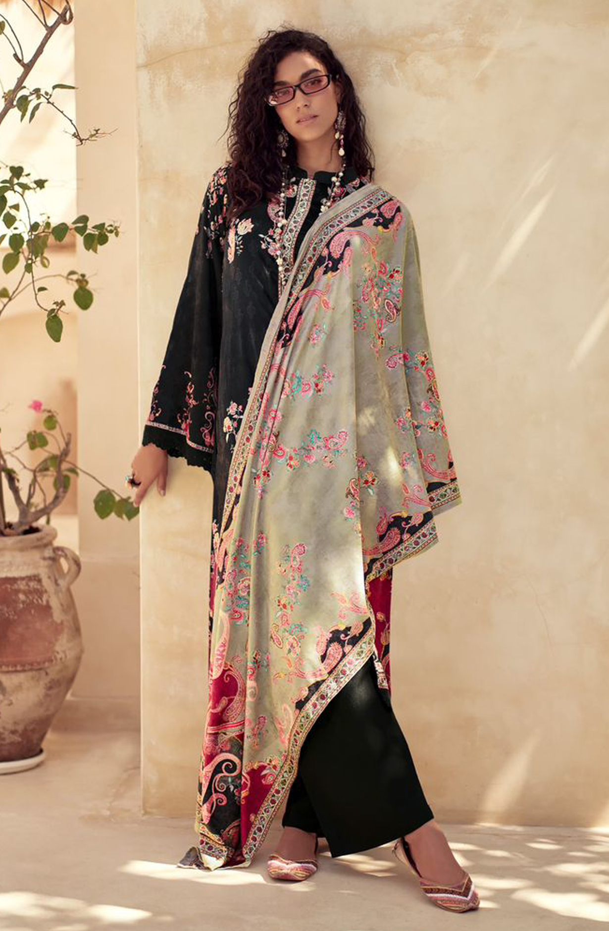 Black Beautiful Velvet Unstitched Printed Salwar Kameez - IZH42002