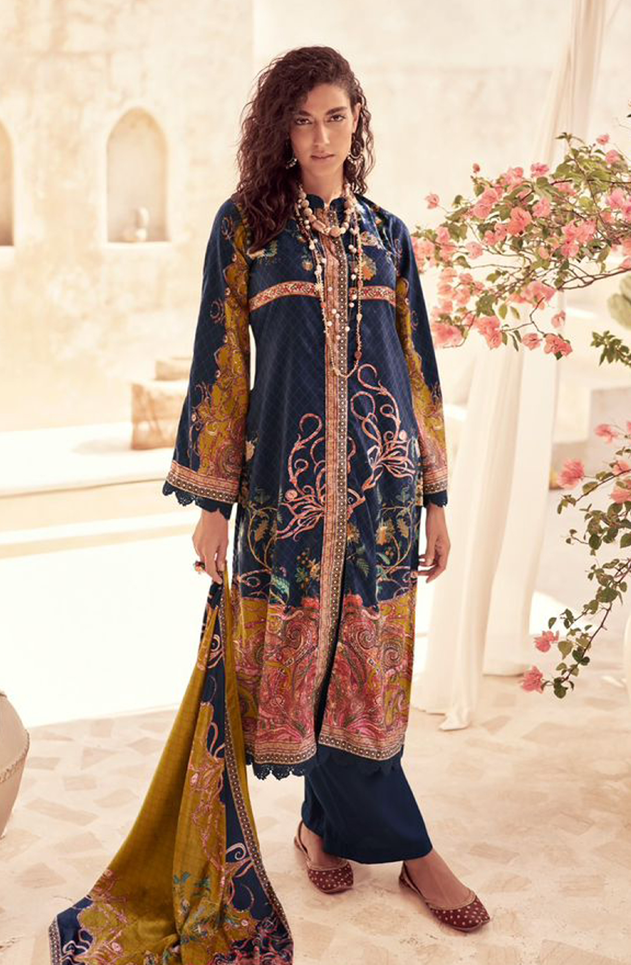 Blue Beautiful Velvet Unstitched Printed Salwar Kameez - IZH42005
