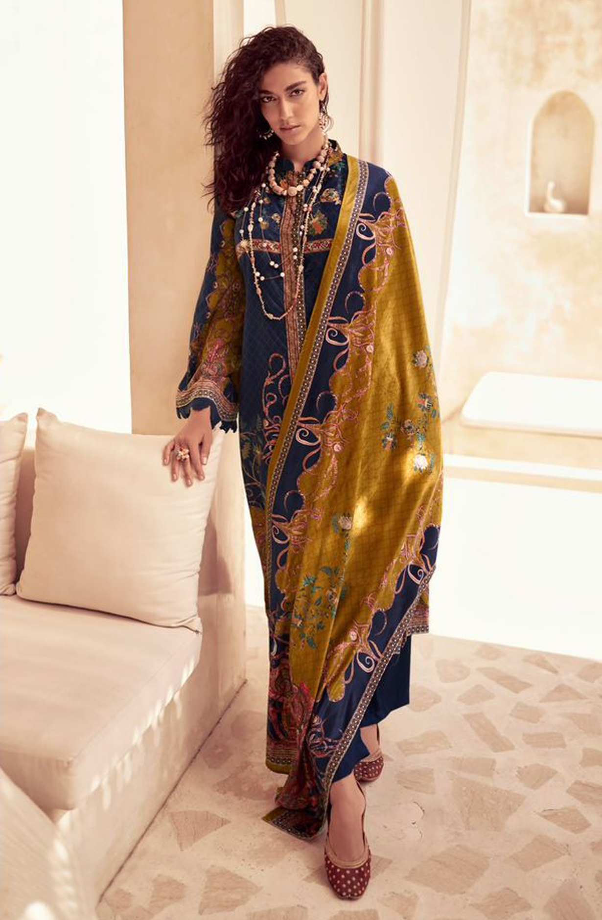 Blue Beautiful Velvet Unstitched Printed Salwar Kameez - IZH42005