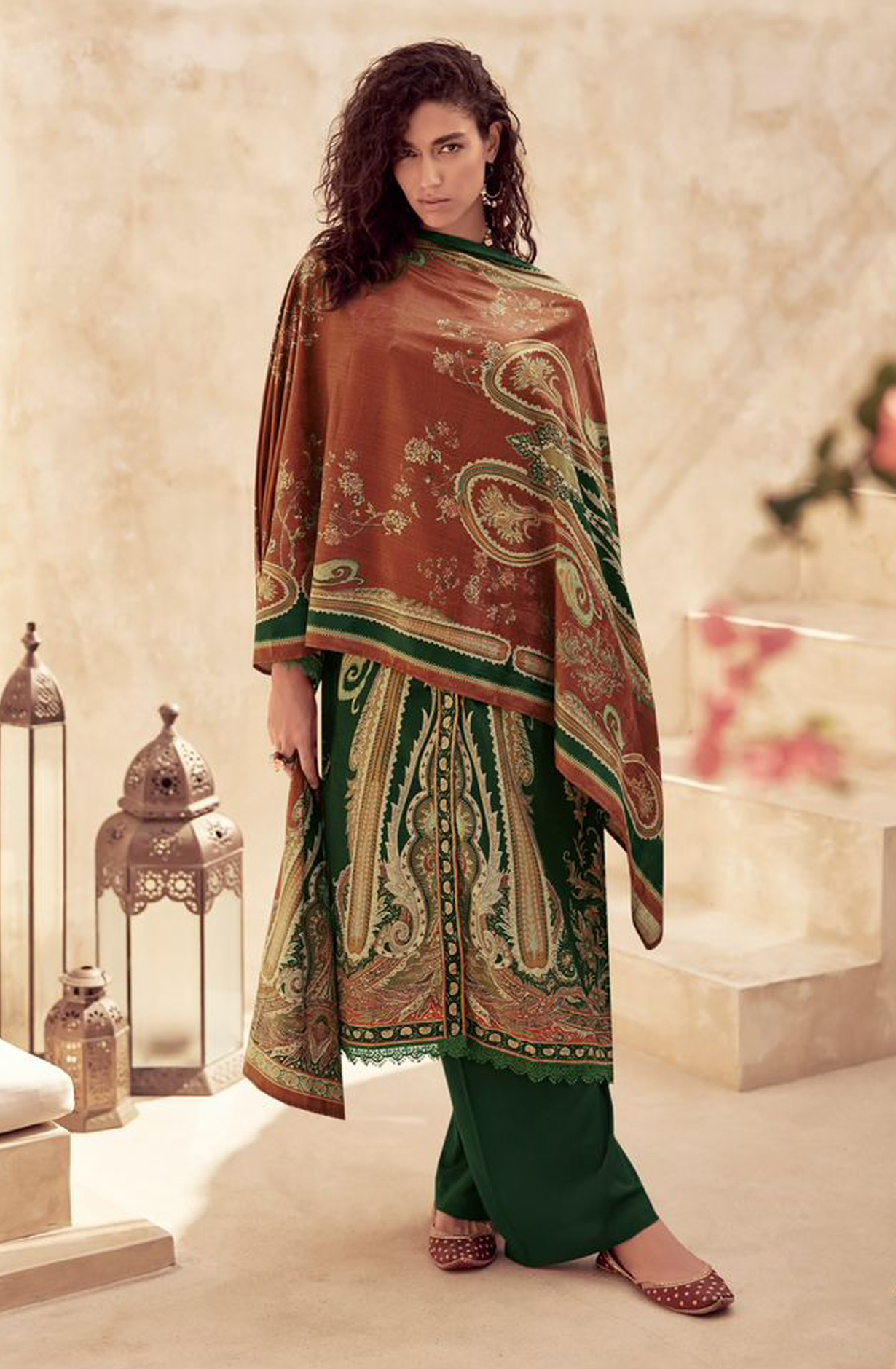 Bottle Green Beautiful Velvet Unstitched Printed Salwar Kameez - IZH42006