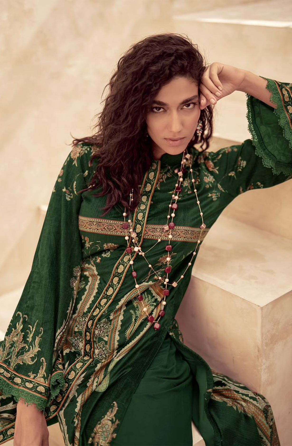 Bottle Green Beautiful Velvet Unstitched Printed Salwar Kameez - IZH42006