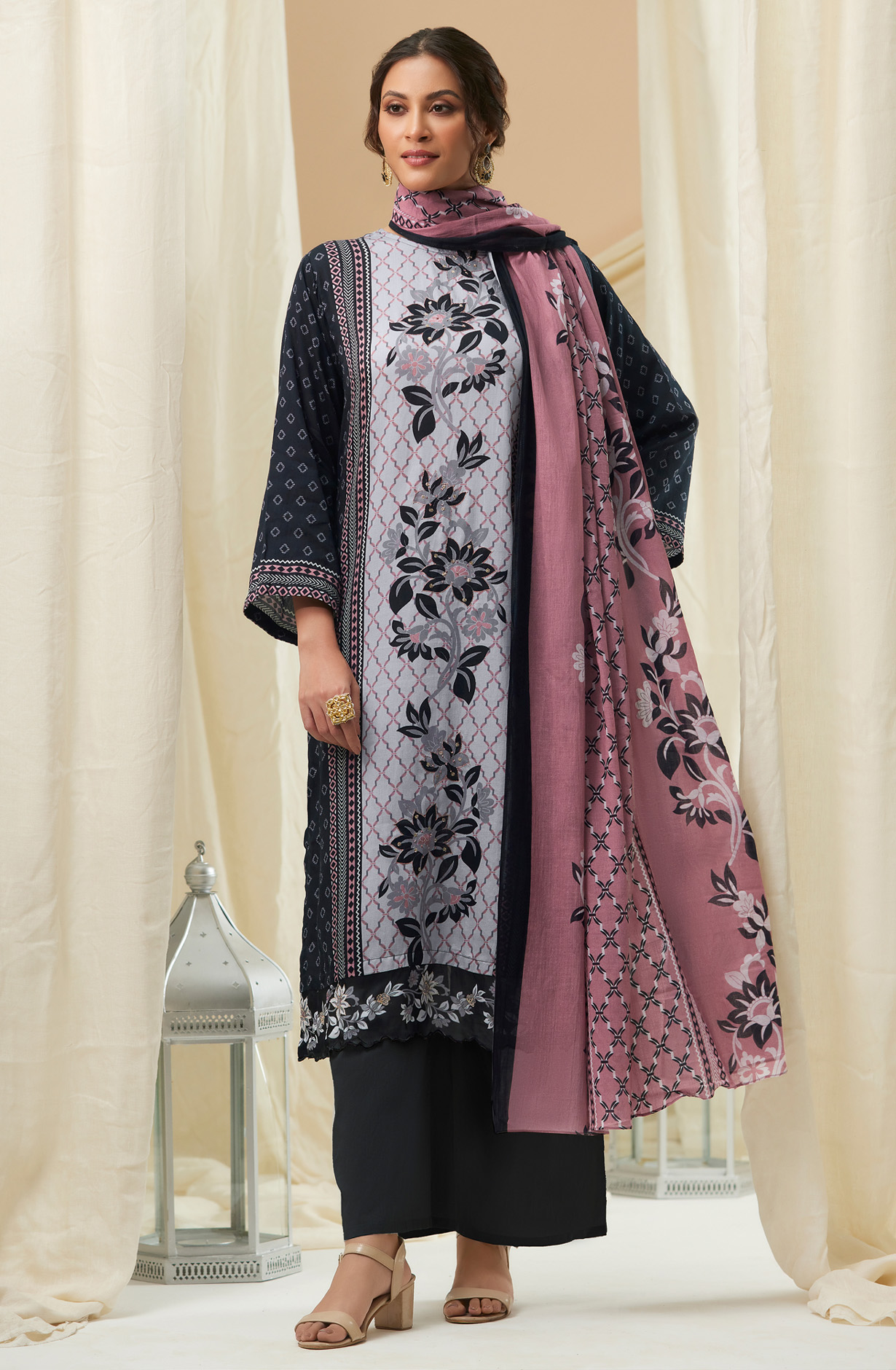 Black Cotton Digital Printed Unstitched Salwar Suit - IZH826