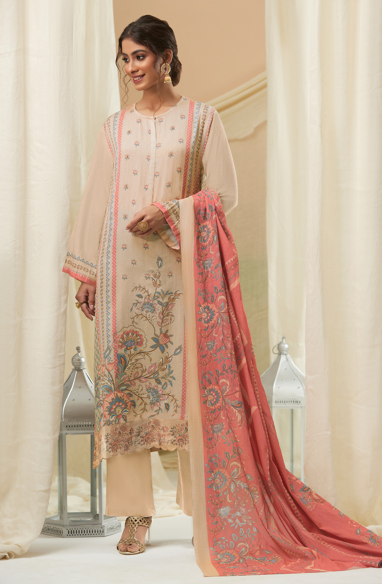 Beige Cotton Digital Printed Unstitched Salwar Suit - IZH828