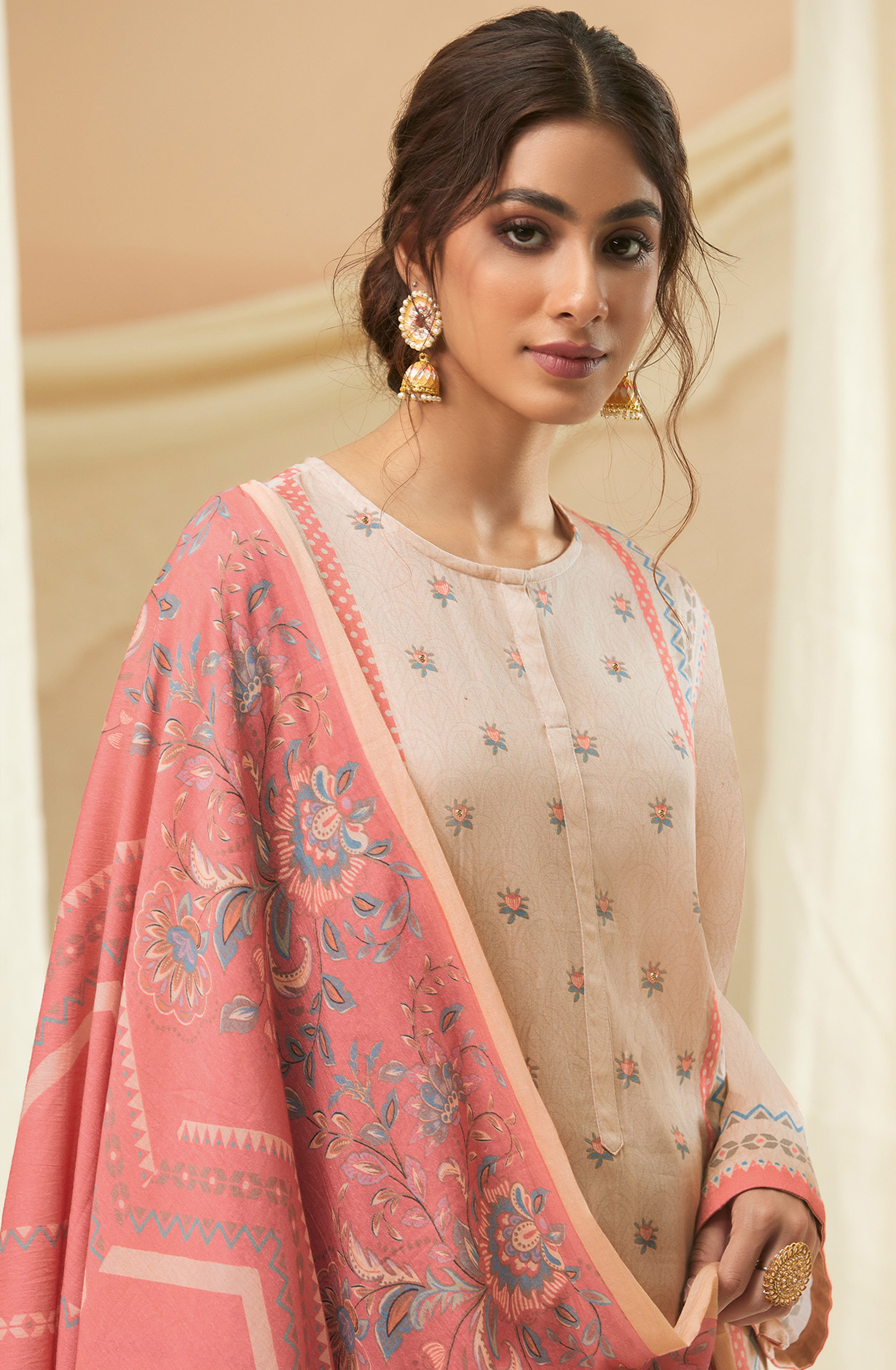 Beige Cotton Digital Printed Unstitched Salwar Suit - IZH828