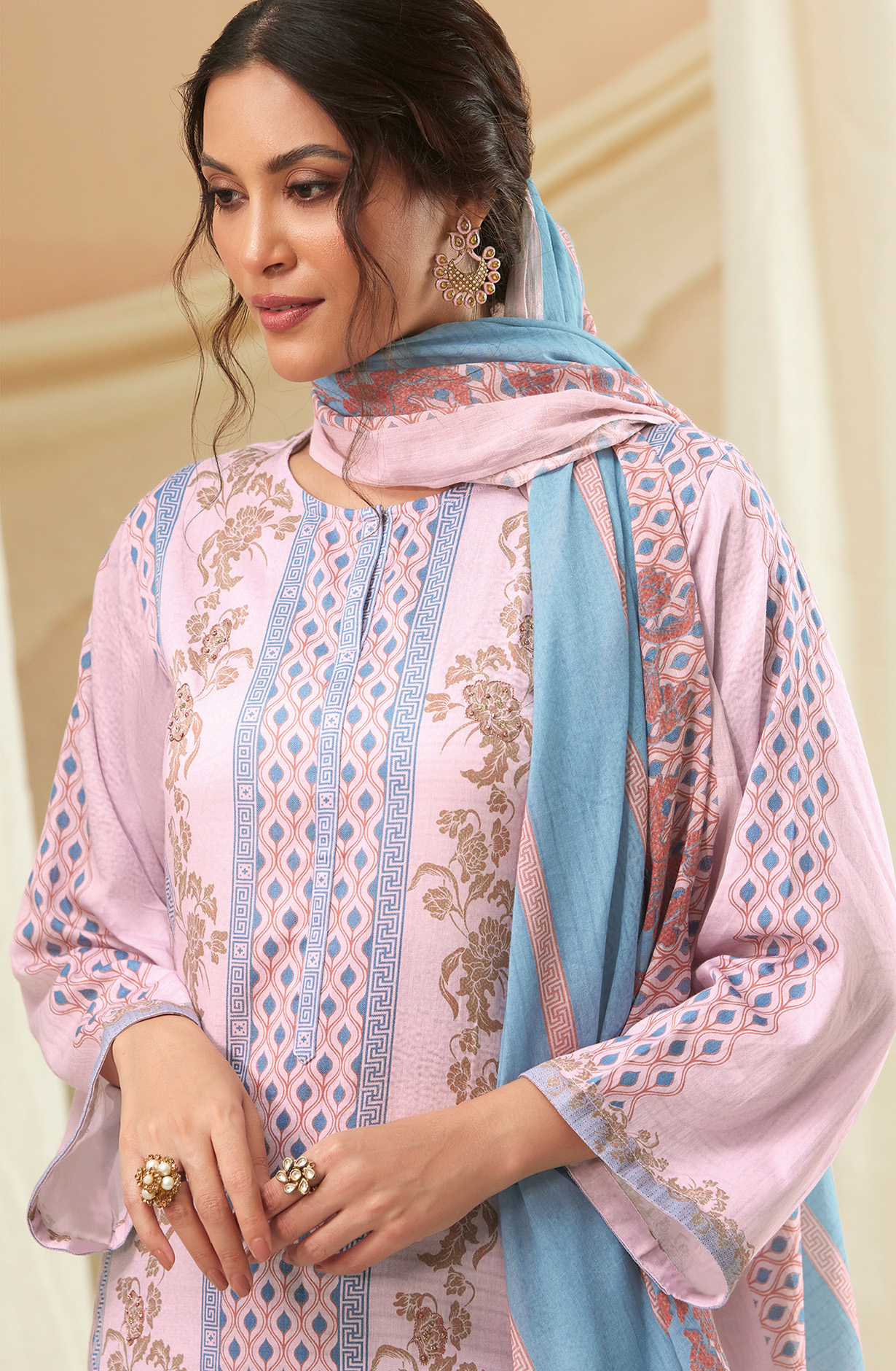 Baby Pink Cotton Digital Printed Unstitched Salwar Suit - IZH835