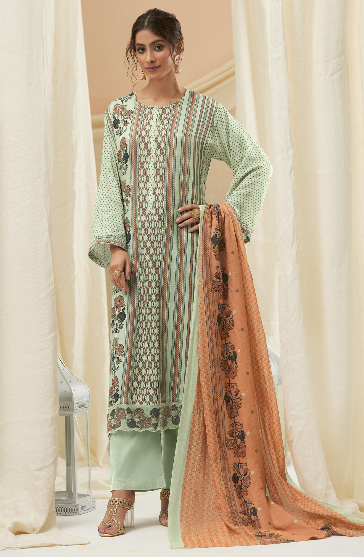 Pista Green Cotton Digital Printed Unstitched Salwar Suit - IZH840