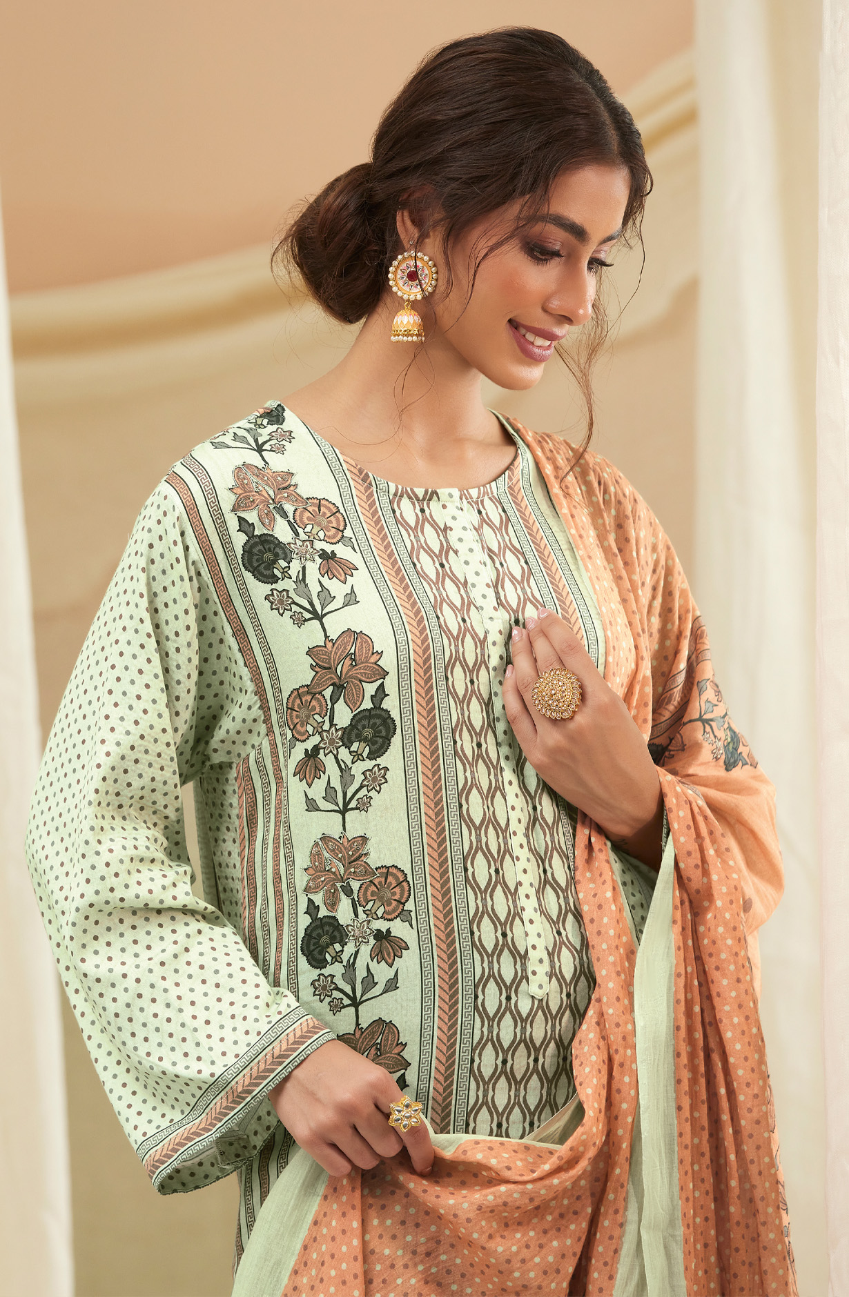 Pista Green Cotton Digital Printed Unstitched Salwar Suit - IZH840
