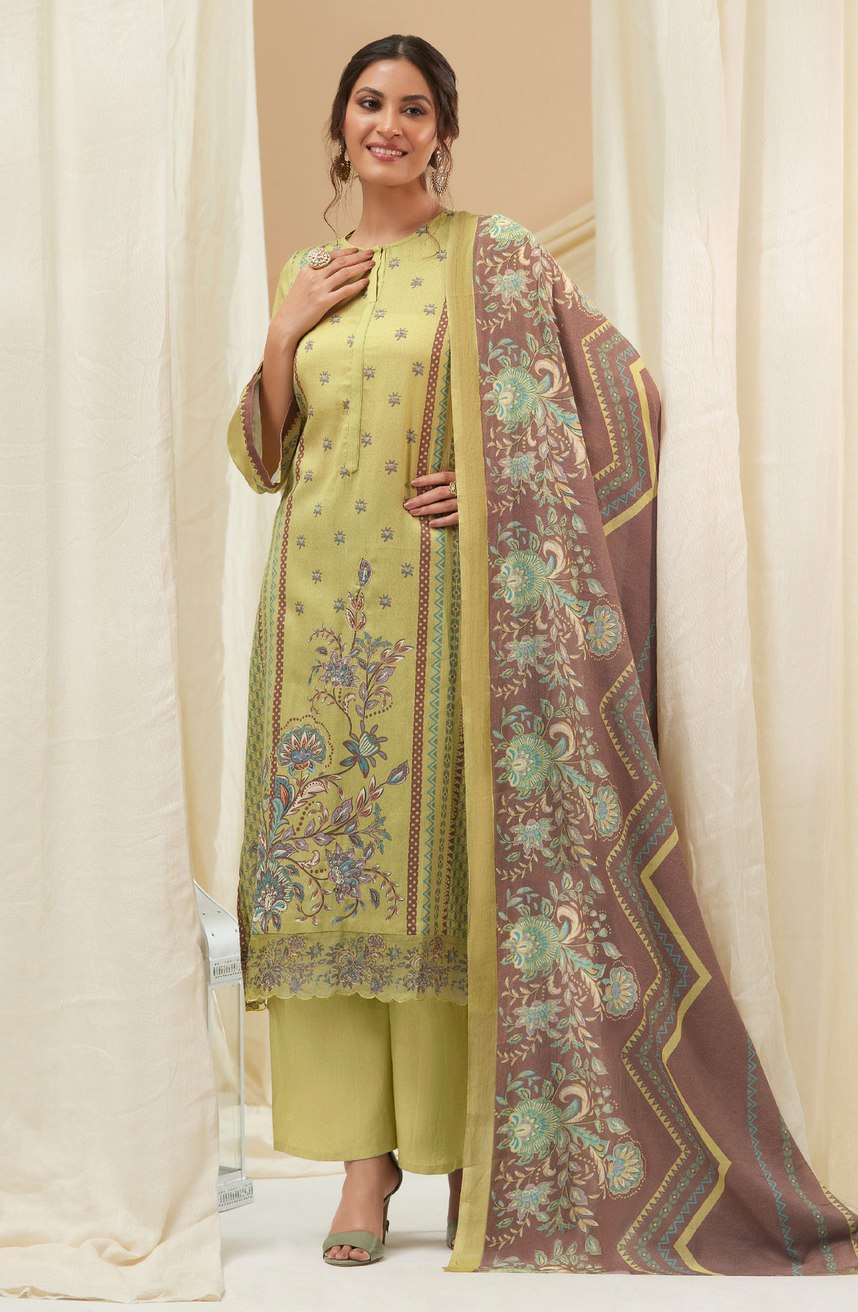 Mehndi Green Cotton Digital Printed Unstitched Salwar Suit - IZH865