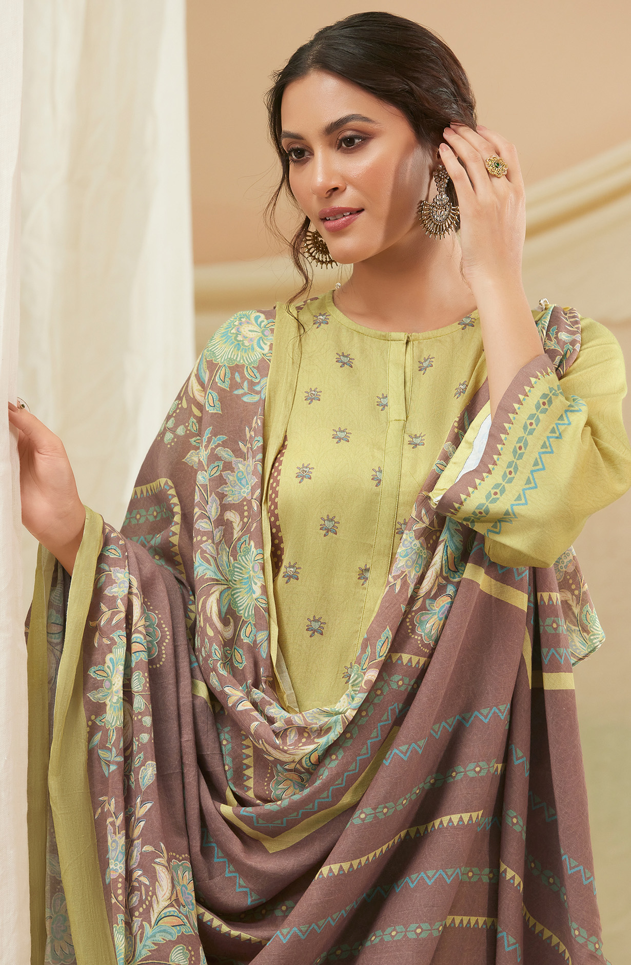 Mehndi Green Cotton Digital Printed Unstitched Salwar Suit - IZH865
