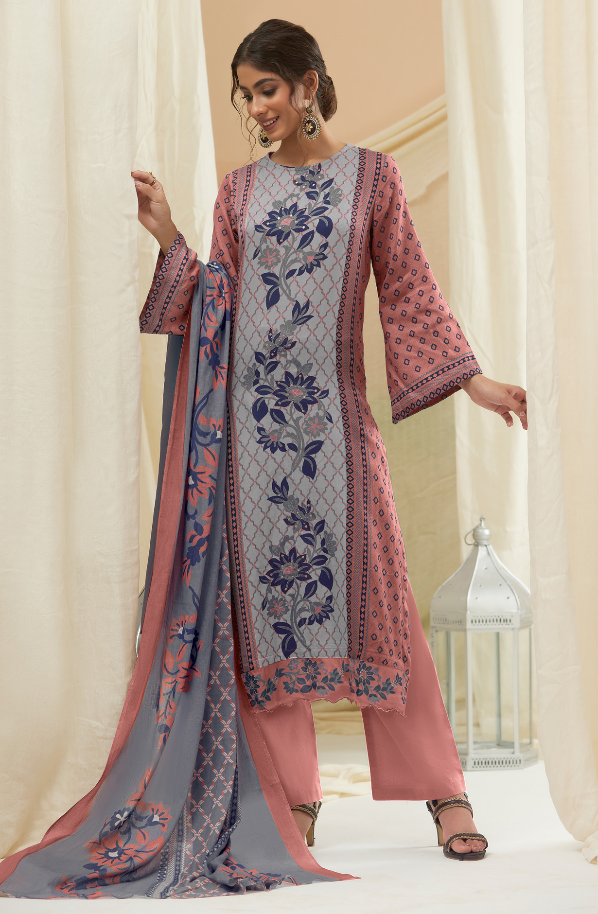 Peach Cotton Digital Printed Unstitched Salwar Suit - IZH867