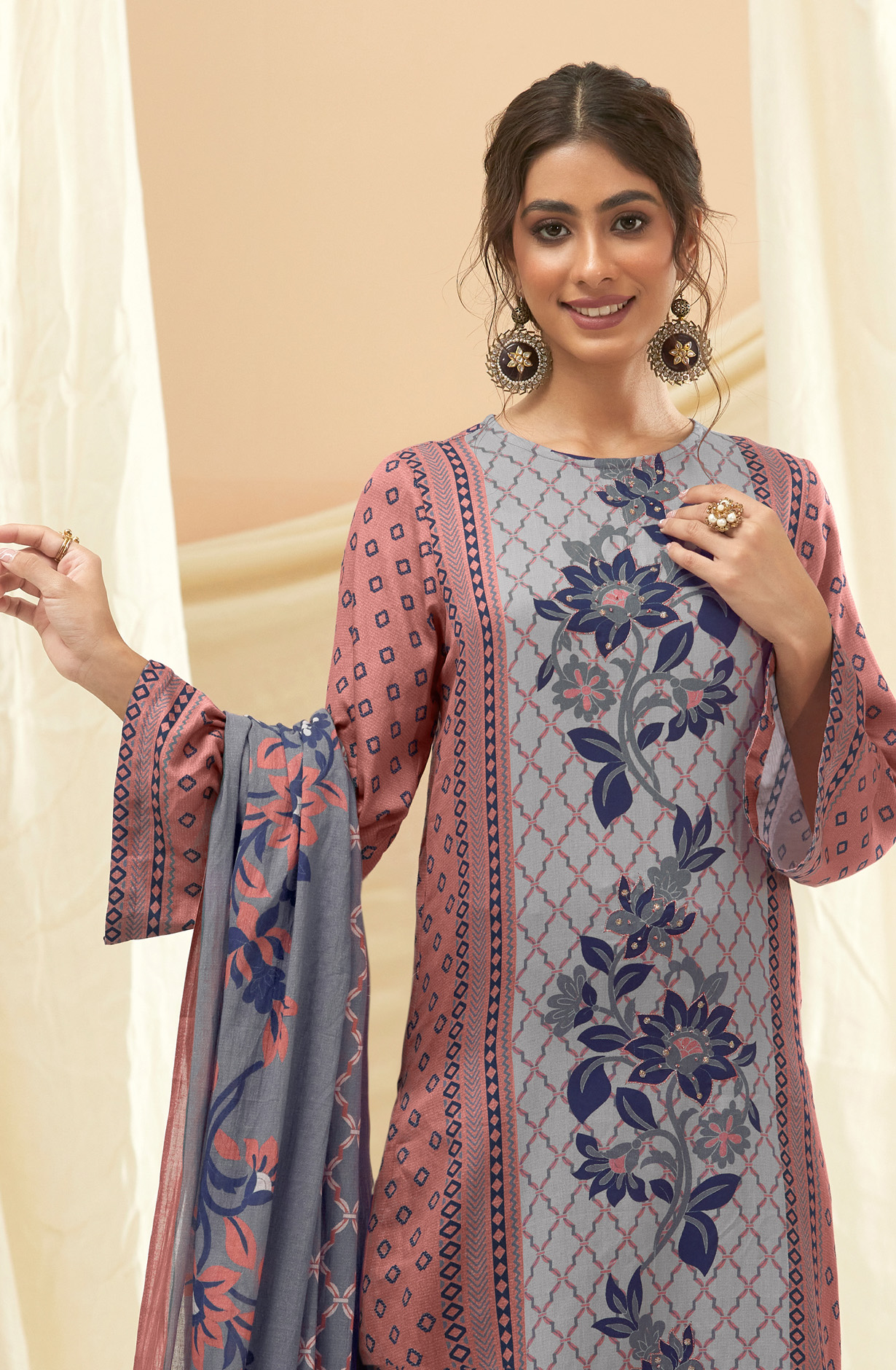 Peach Cotton Digital Printed Unstitched Salwar Suit - IZH867