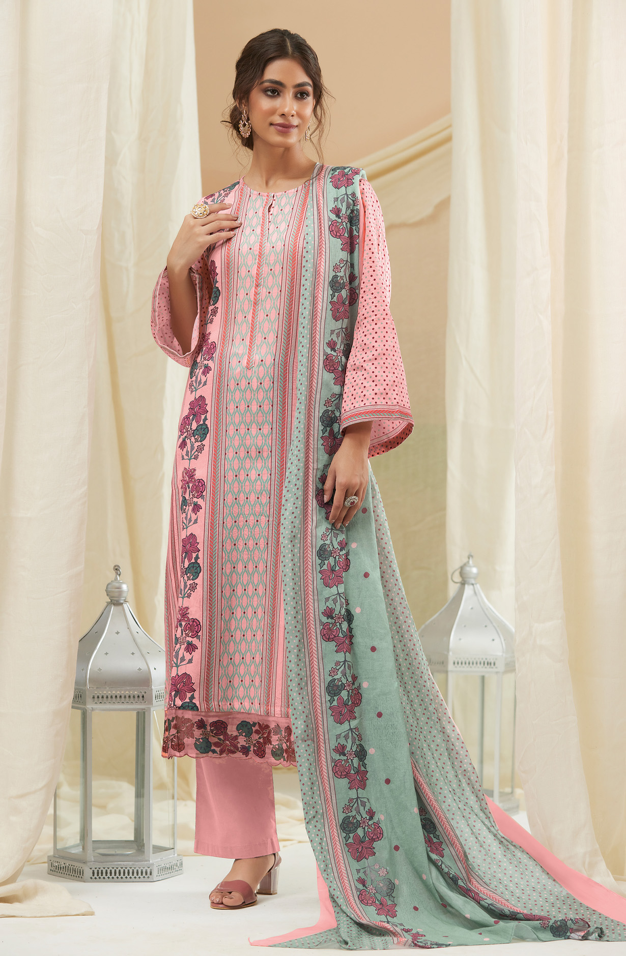 Baby Pink Cotton Digital Printed Unstitched Salwar Suit - IZH887