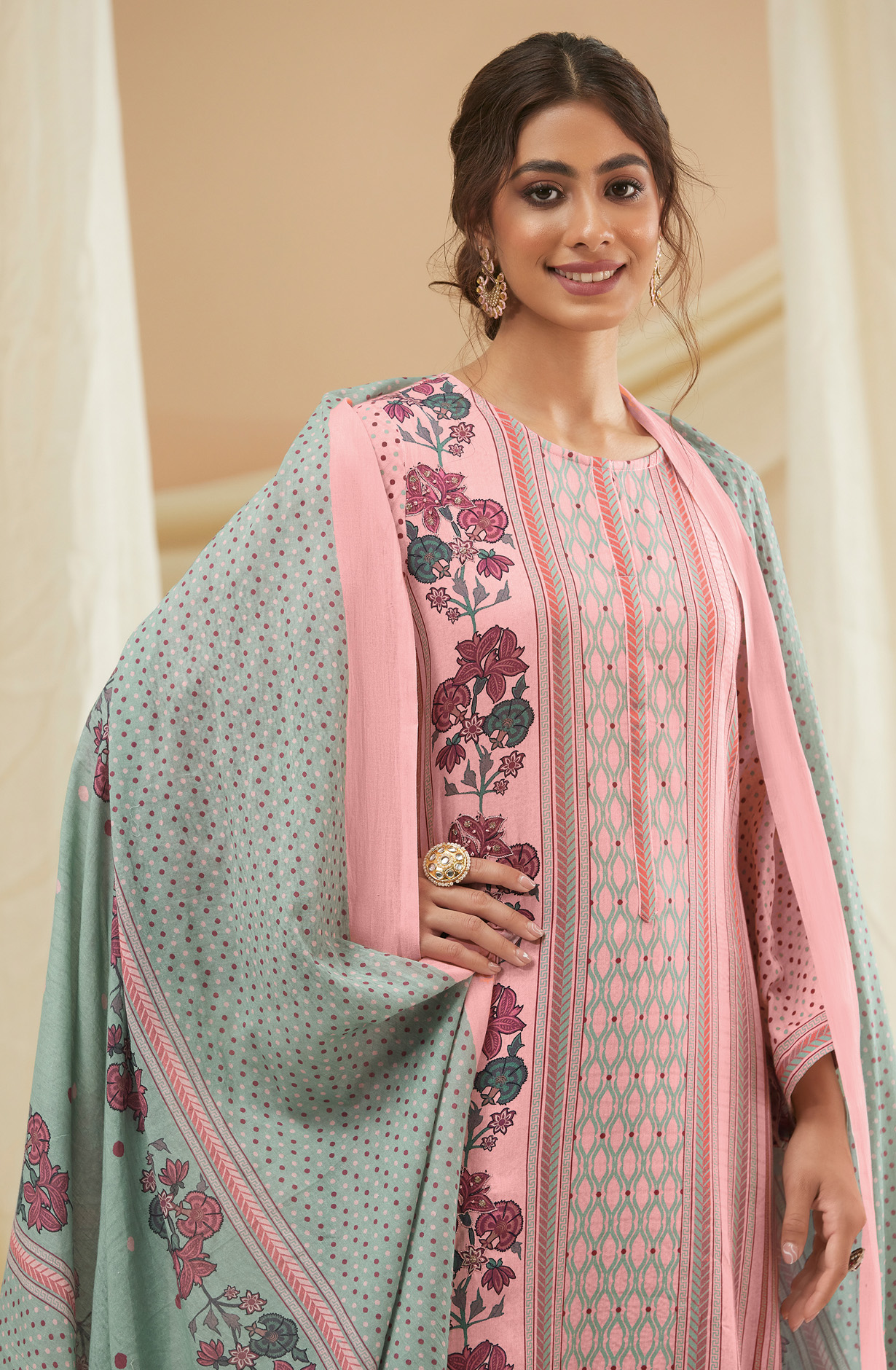 Baby Pink Cotton Digital Printed Unstitched Salwar Suit - IZH887