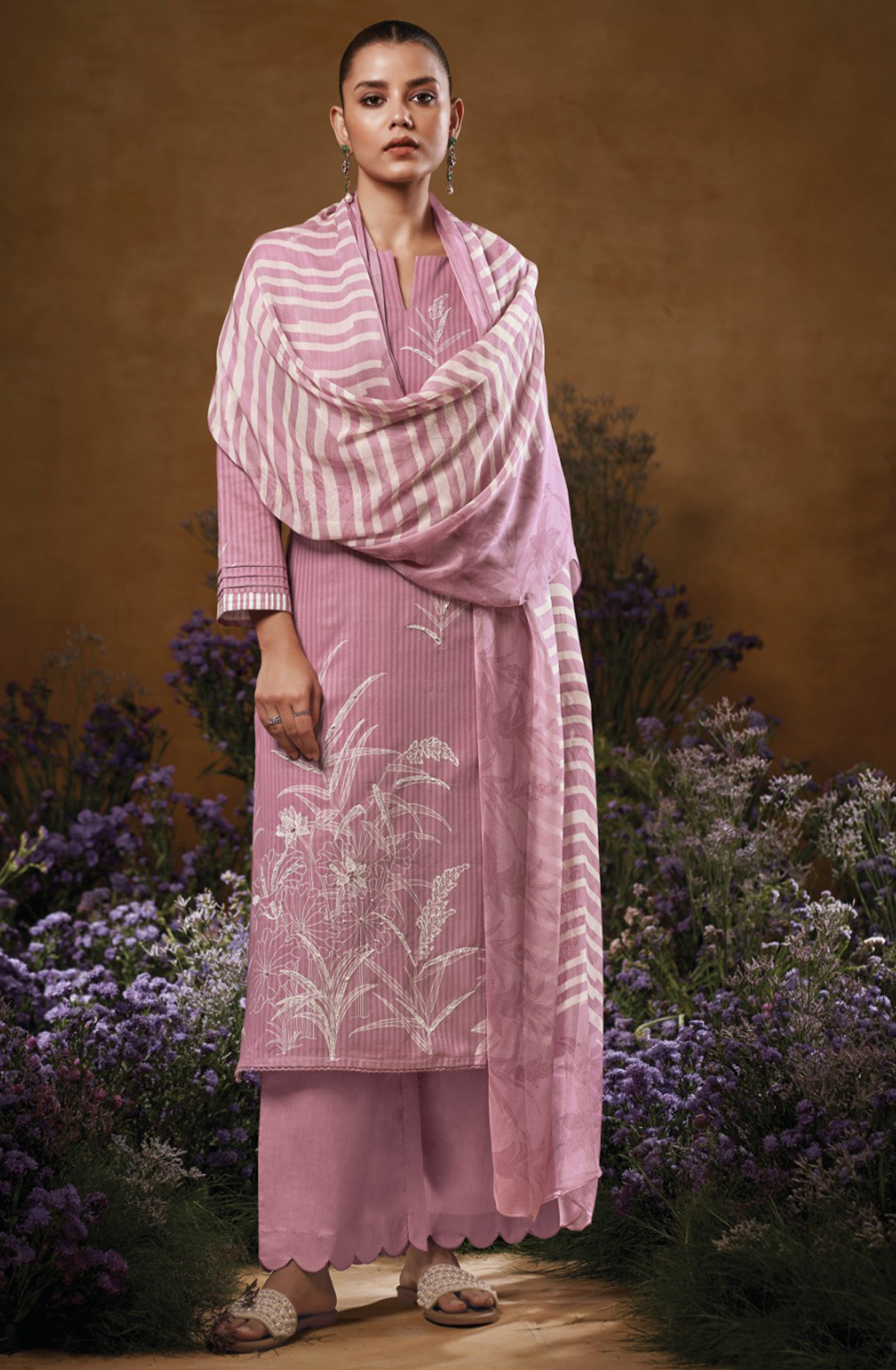 Mauve Cotton Printed Embroidered Suit with Chiffon Dupatta - JACS3547B
