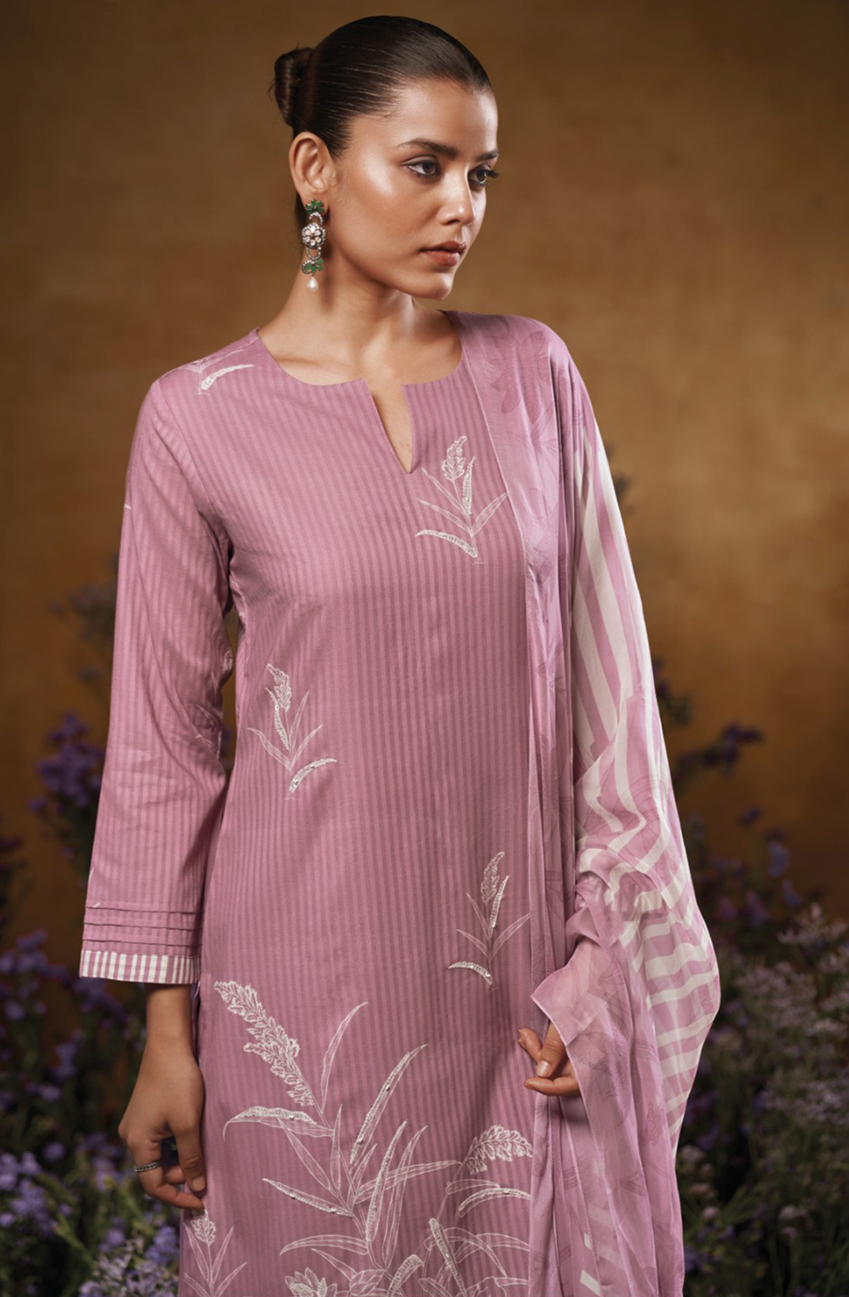 Mauve Cotton Printed Embroidered Suit with Chiffon Dupatta - JACS3547B