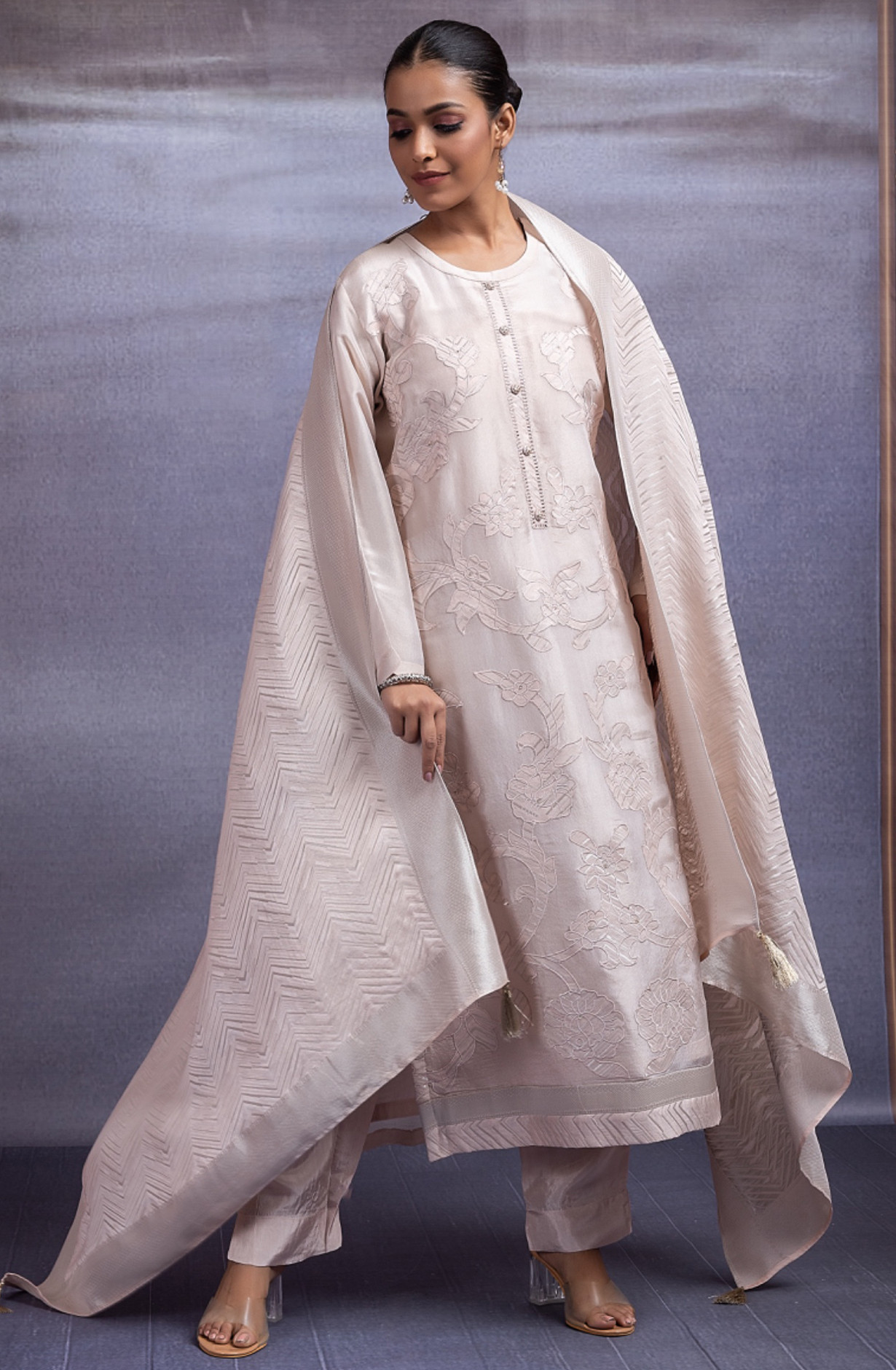Tissue Jacquard Suit with Embroidery and Handwork - JAN2374C