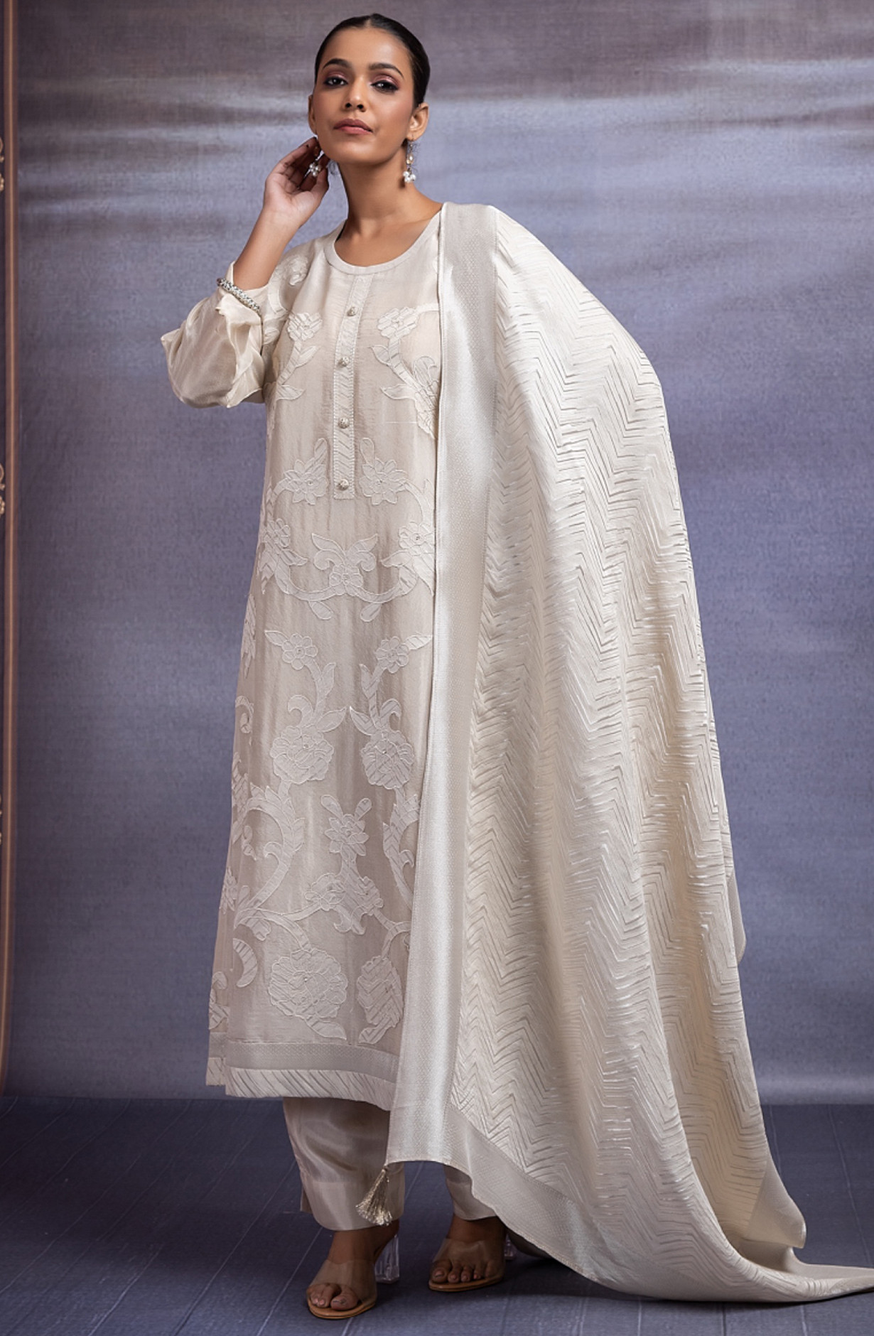 Tissue Jacquard Suit with Embroidery and Handwork - JAN2374A