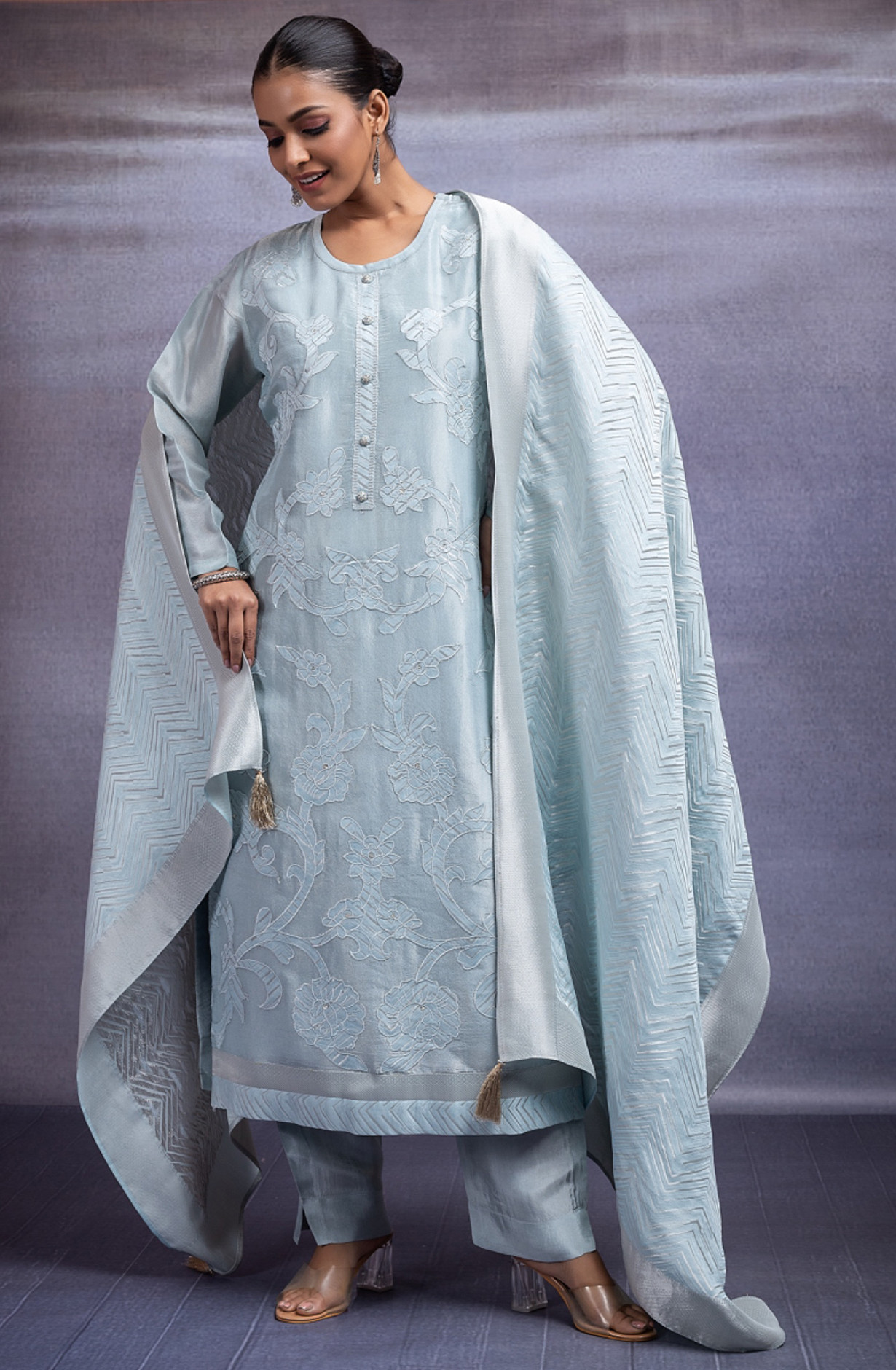 Tissue Jacquard Suit with Embroidery and Handwork - JAN2374B