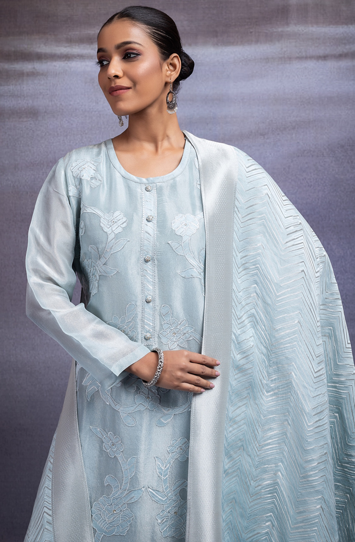 Tissue Jacquard Suit with Embroidery and Handwork - JAN2374B