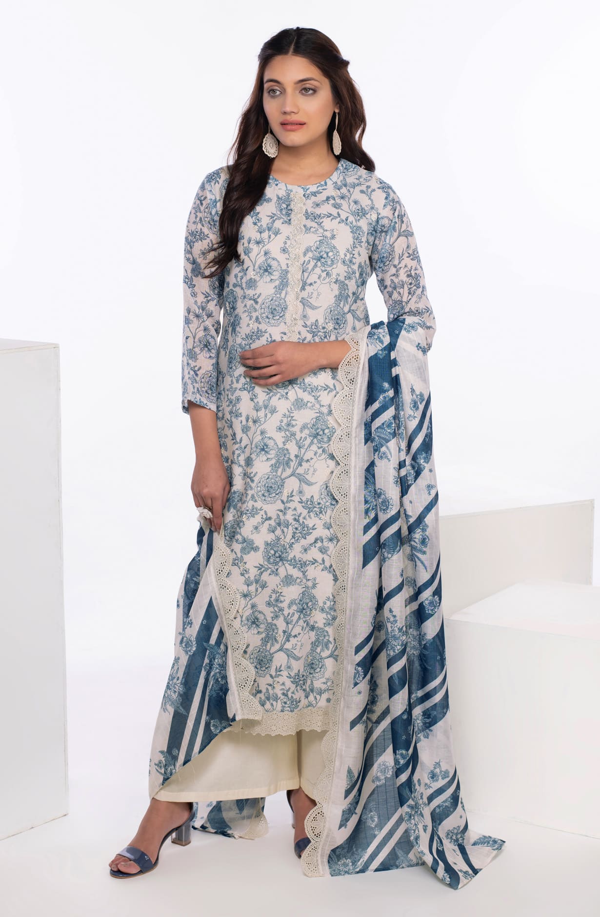 Off-White Blue Linen Exclusive Digital Printed Salwar Suit-set - JAS1747