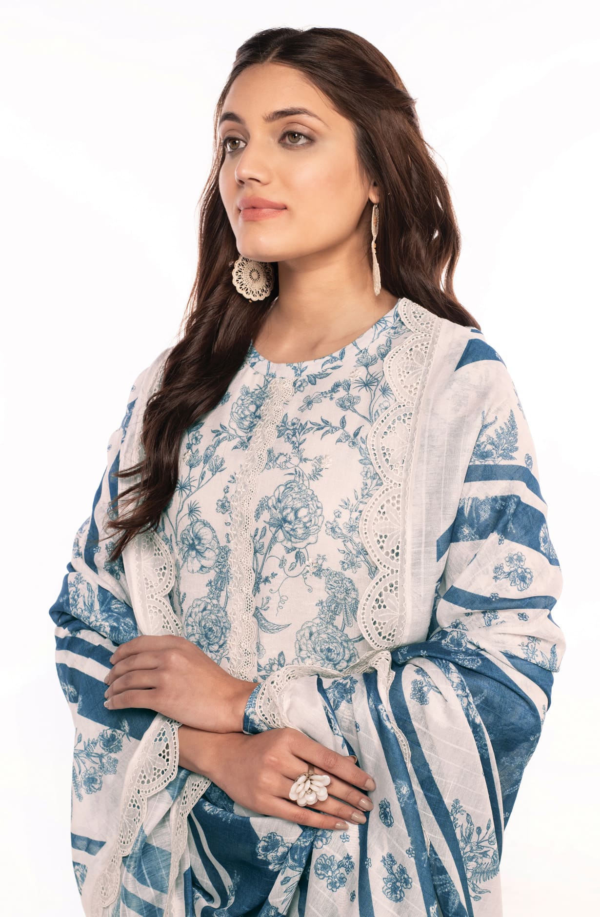 Off-White Blue Linen Exclusive Digital Printed Salwar Suit-set - JAS1747