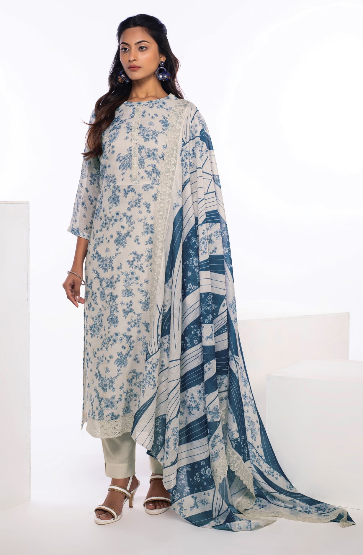 Off-White Blue Linen Exclusive Digital Printed Salwar Suit-set - JAS1748