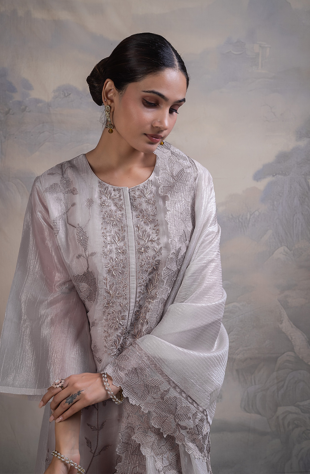 Grey Banarsi tissue crush Unstitched Suit with Beautiful Dupatta- R157-SPR2839A
