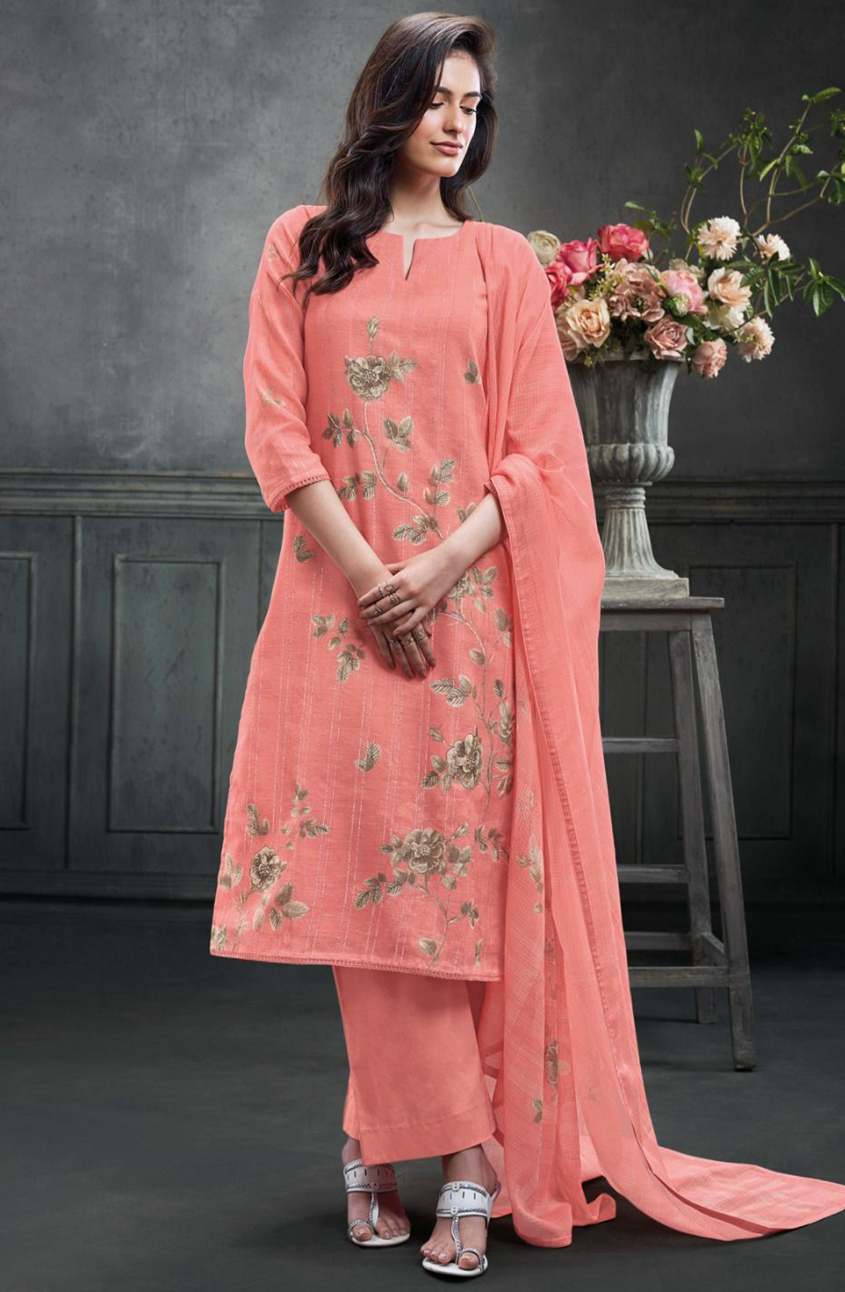 Peach Pure Cotton Suit Set with Dupatta - JEAS2758B