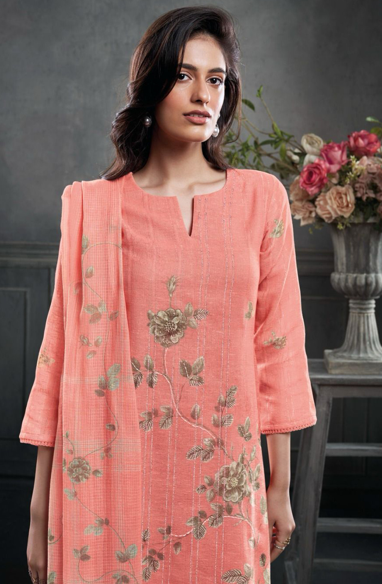 Peach Pure Cotton Suit Set with Dupatta - JEAS2758B