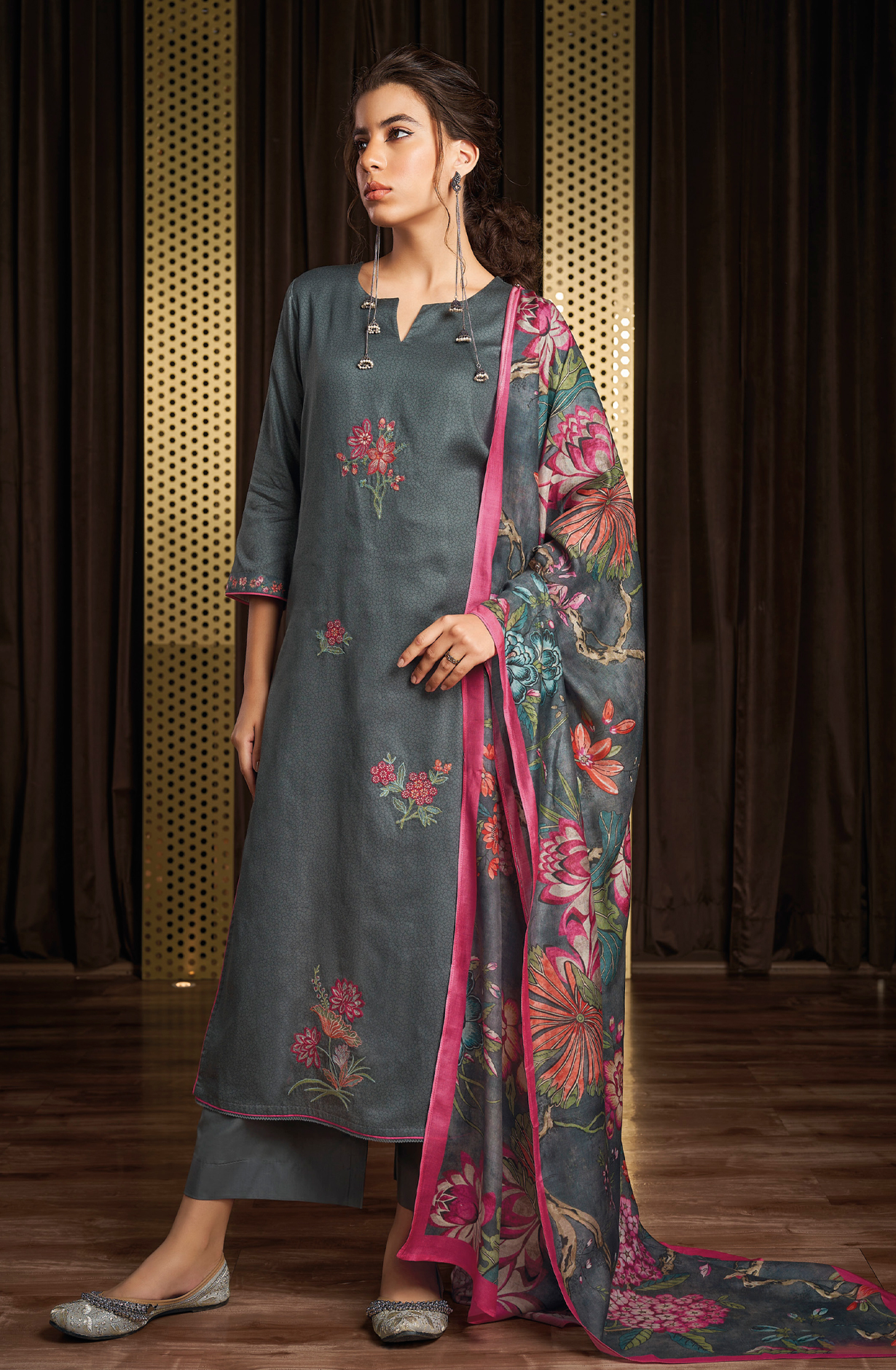 Grey Cotton Digital Printed Unstitched Salwar Kameez - JEWS1812B