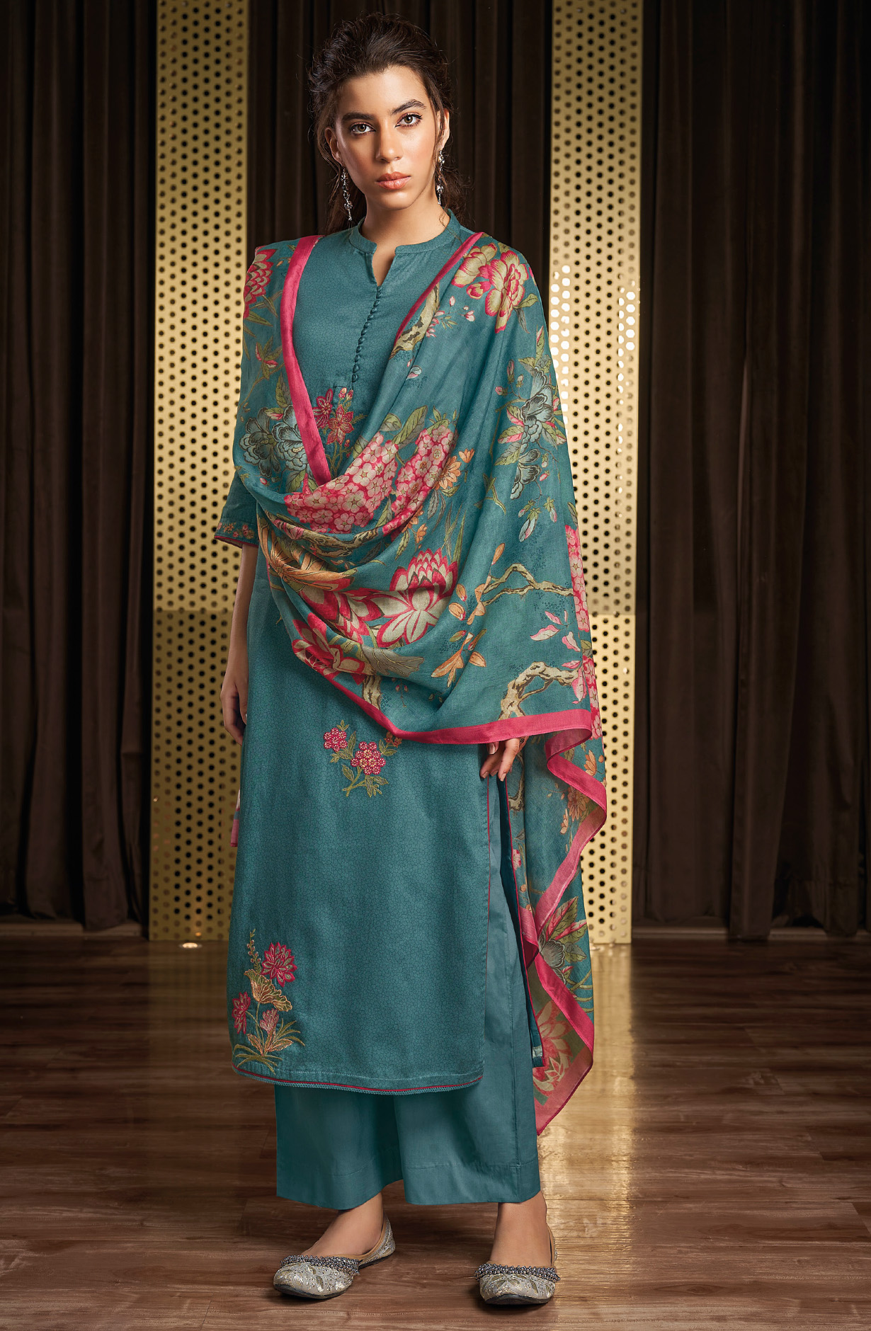 Teal Cotton Digital Printed Unstitched Salwar Kameez - JEWS1812C