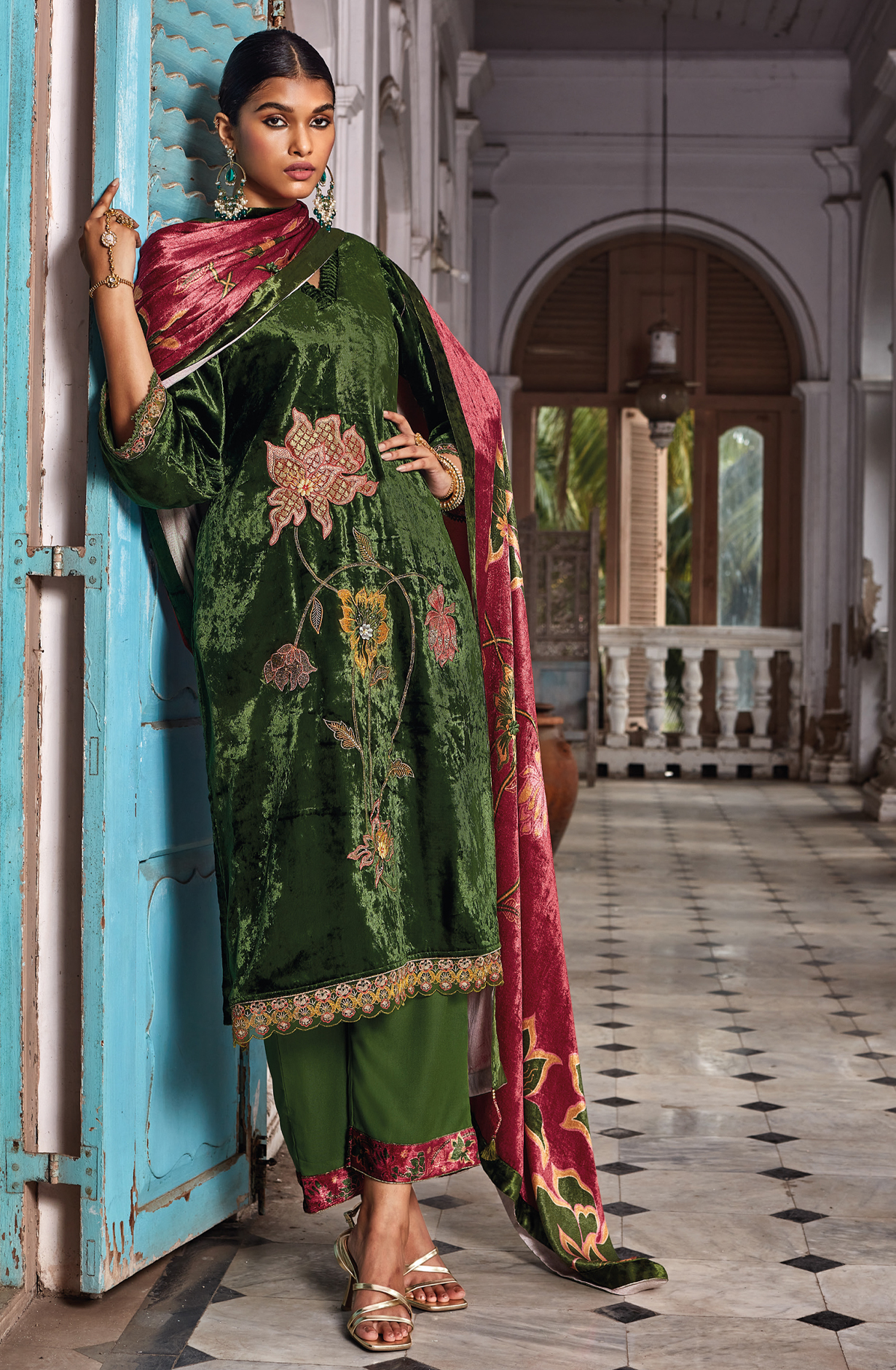 Bottle Green Yellow Designer Wedding Wear Luxe Velvet Suit-sets - JHAC1531