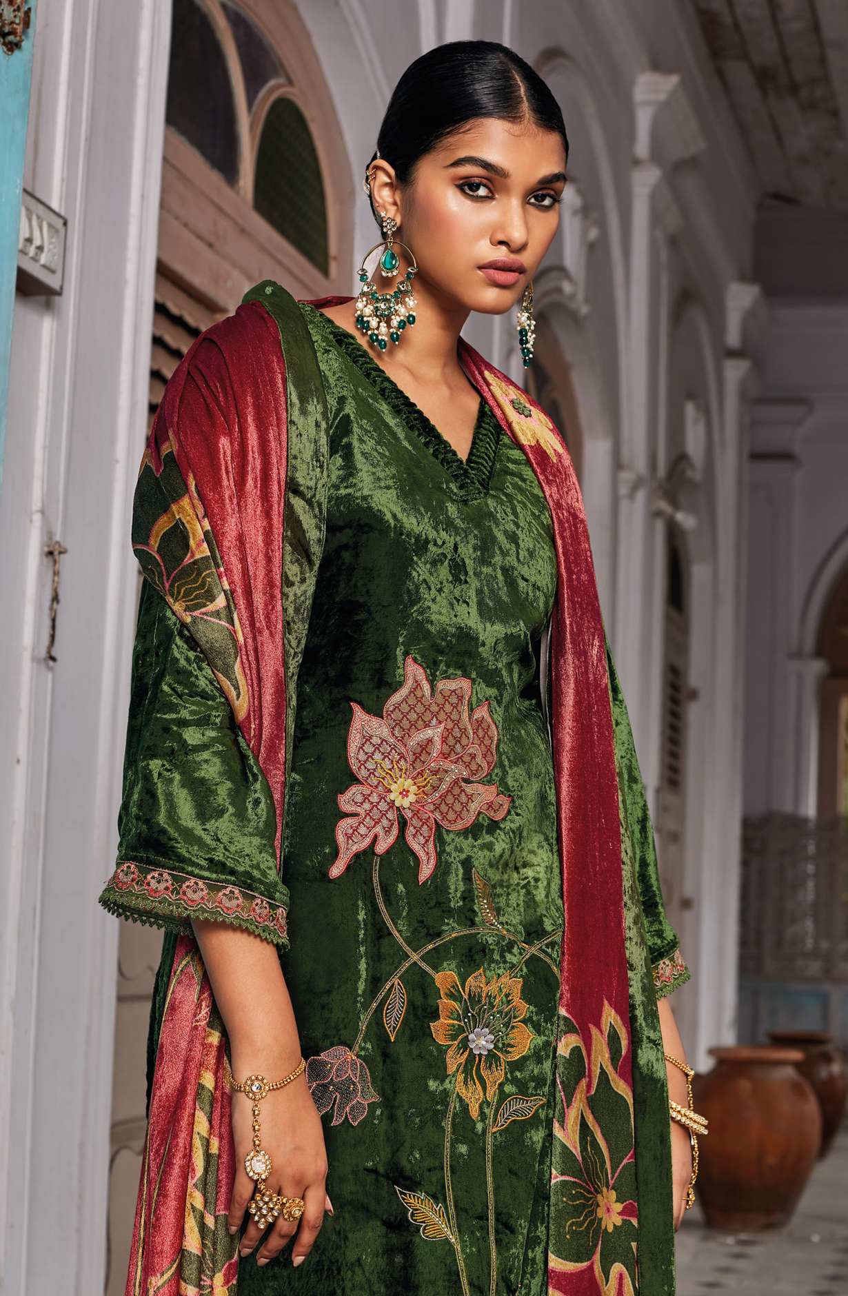 Bottle Green Yellow Designer Wedding Wear Luxe Velvet Suit-sets - JHAC1531