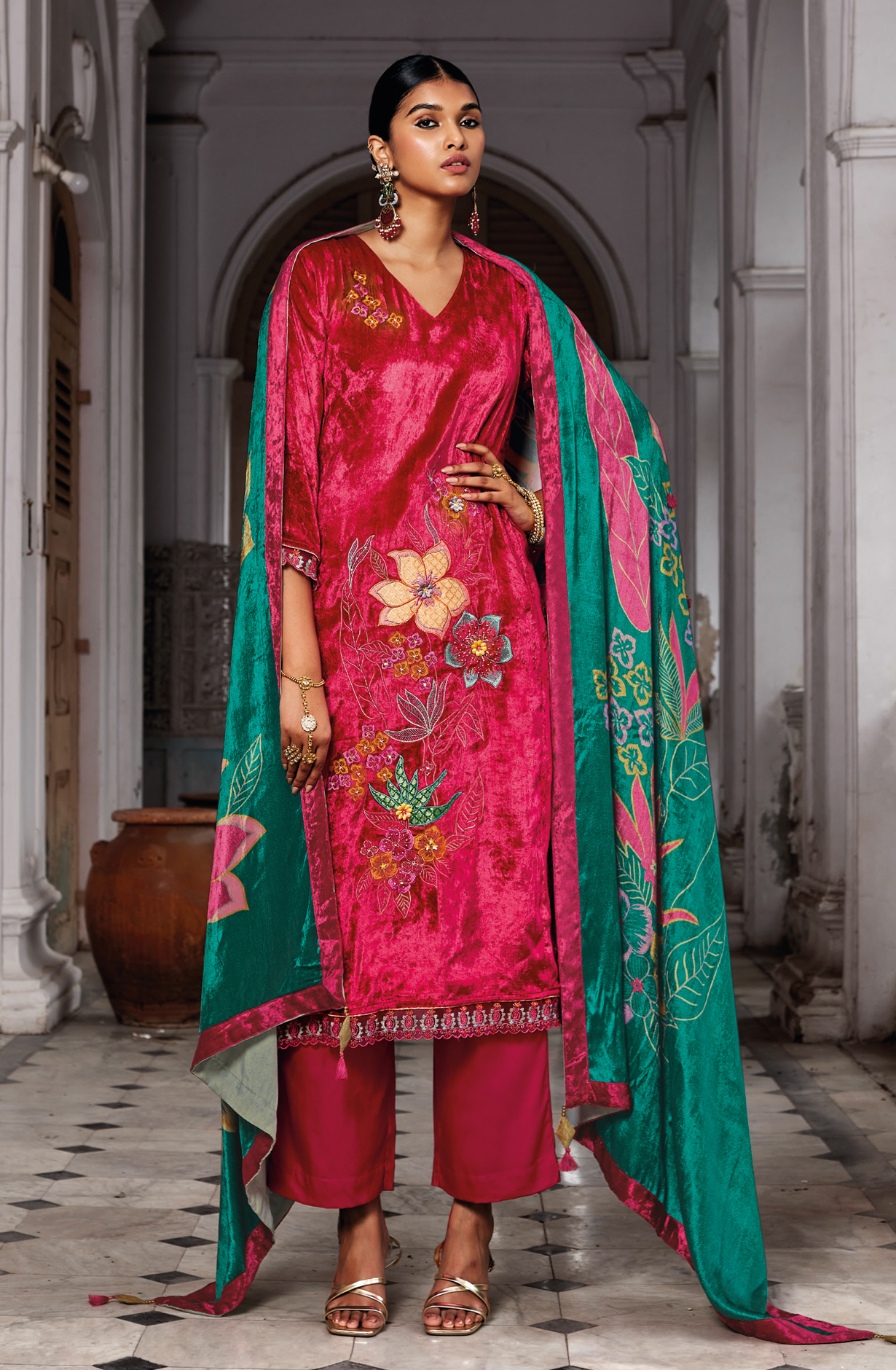 Rani Pink Designer Wedding Wear Luxe Velvet Suit-sets - JHAC1532