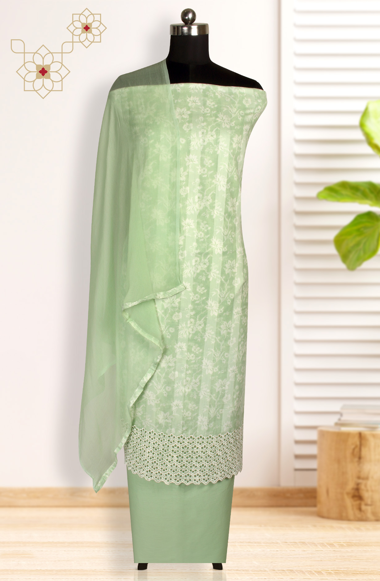 Parrot Green Cotton Printed Suit with Chiffon Dupatta - JORPIM27A