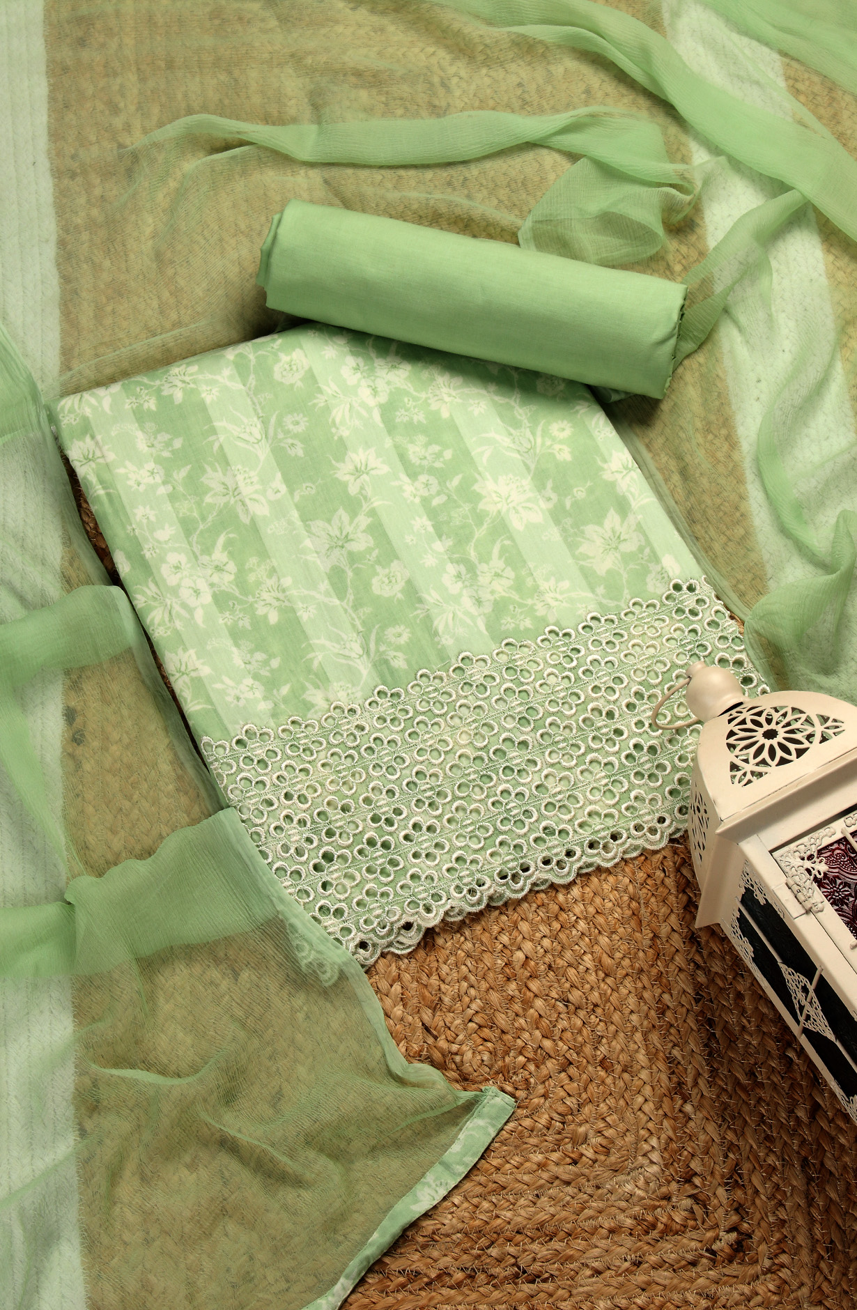 Parrot Green Cotton Printed Suit with Chiffon Dupatta - JORPIM27A