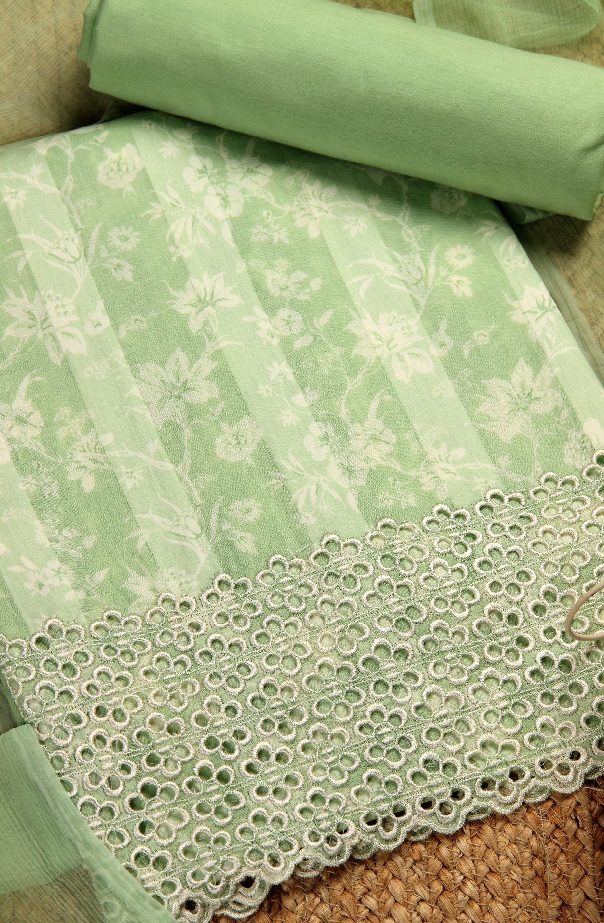 Parrot Green Cotton Printed Suit with Chiffon Dupatta - JORPIM27A