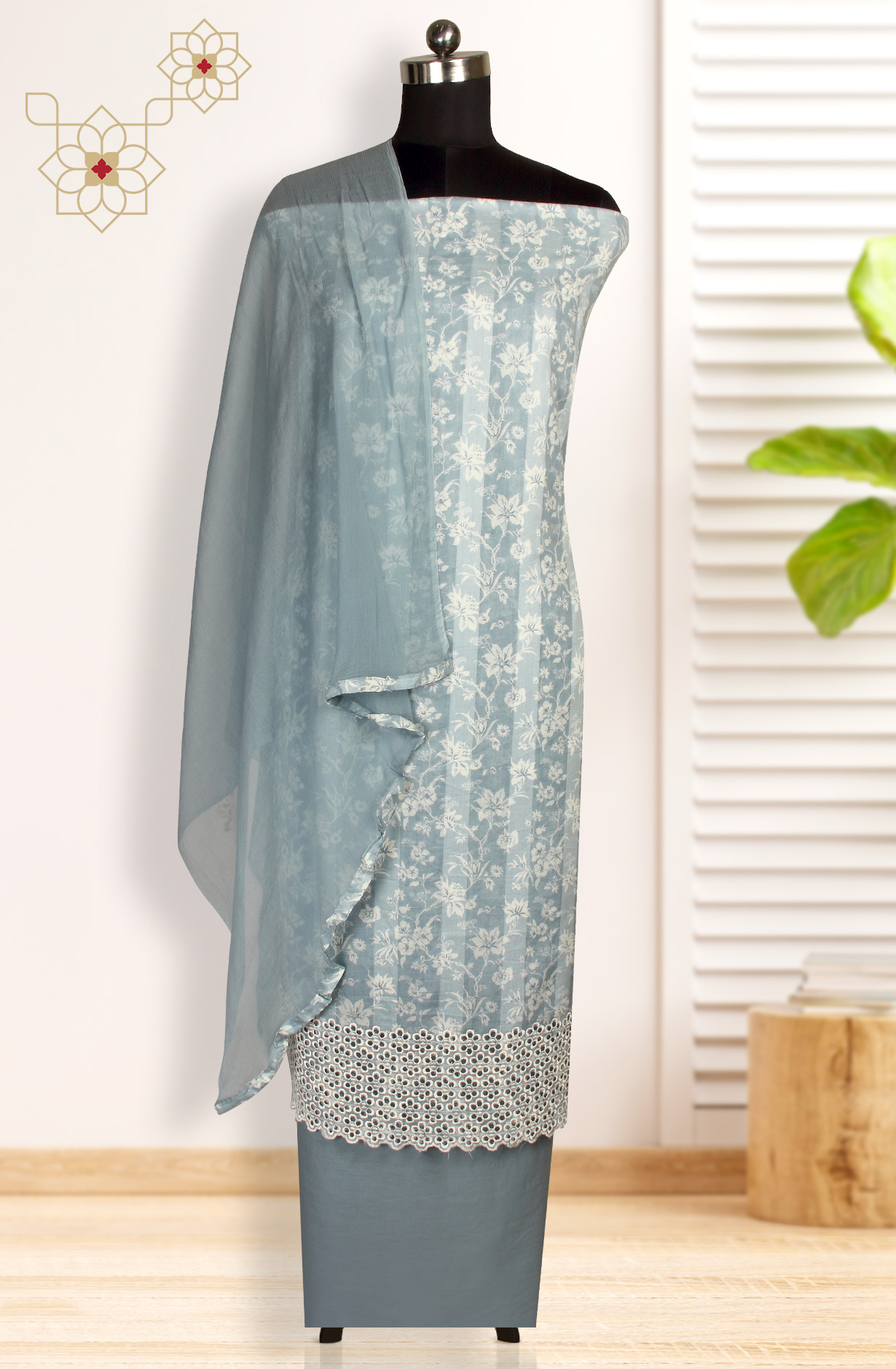 Grey Cotton Printed Suit with Chiffon Dupatta - JORPIM27B