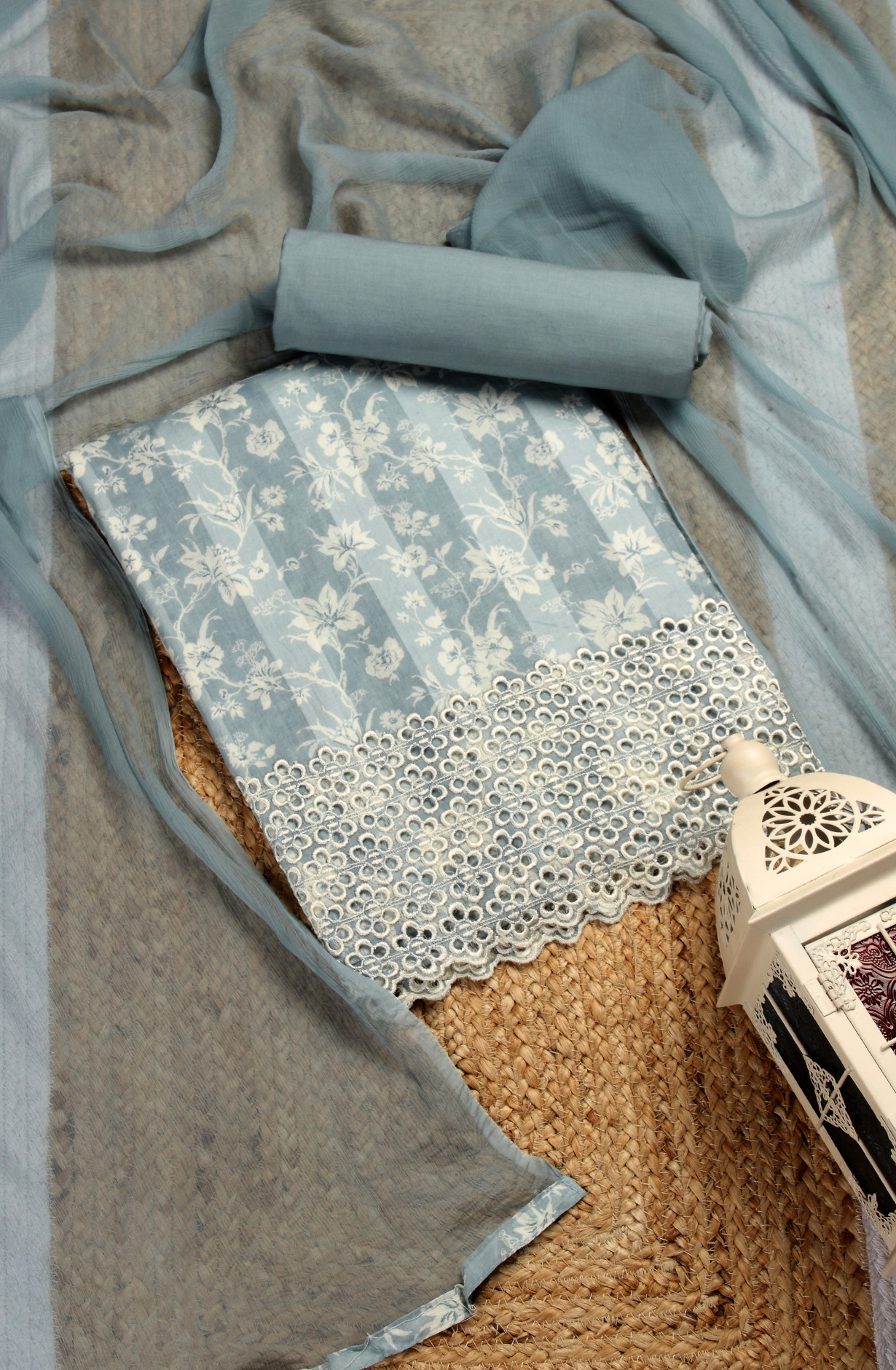 Grey Cotton Printed Suit with Chiffon Dupatta - JORPIM27B